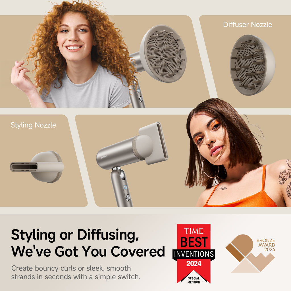Asciugacapelli con accessori, due donne e testo pubblicitario per styling e diffusore.