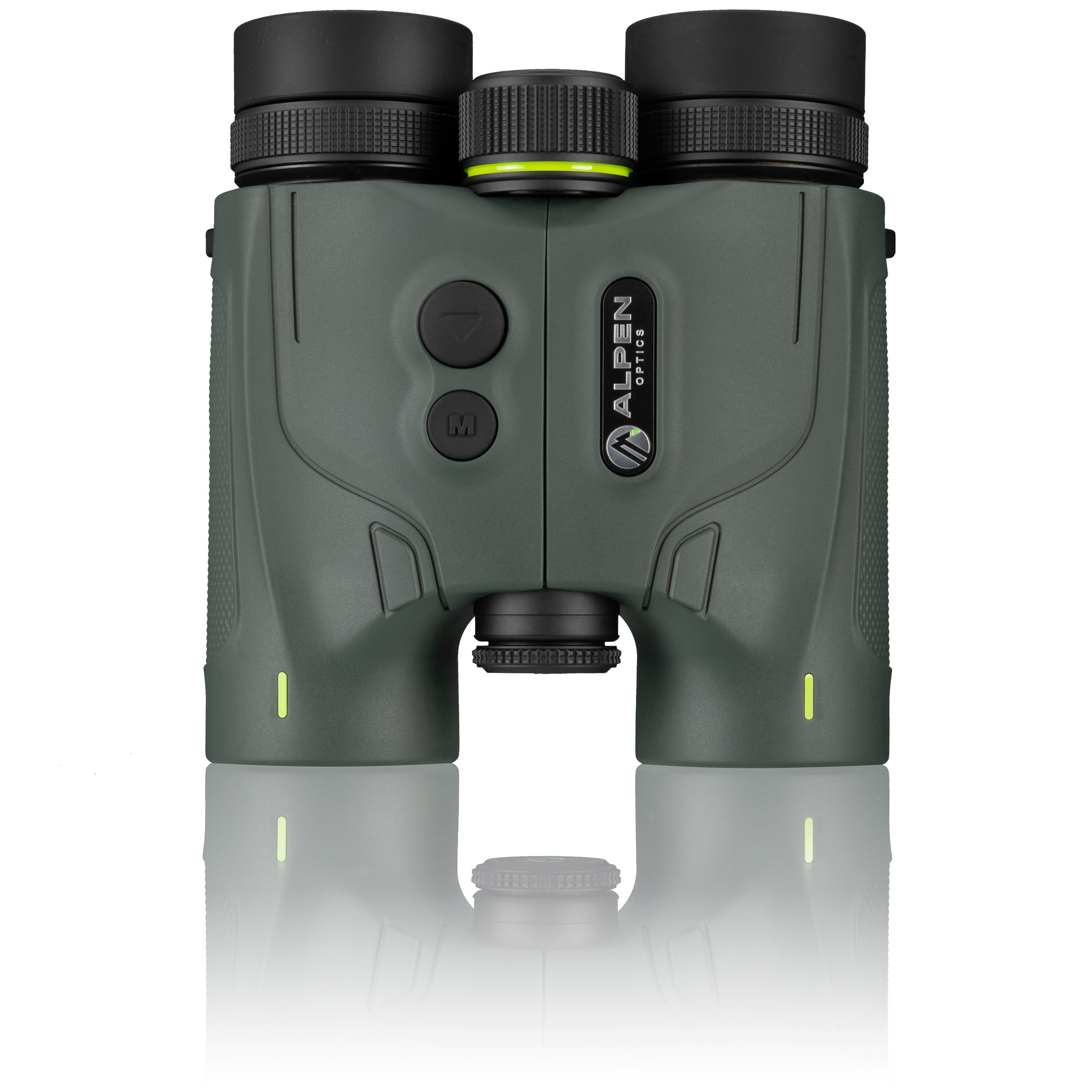 Prismáticos verdes Alpen Optics con rueda de enfoque negra y botones de control, sobre fondo blanco con reflejo.