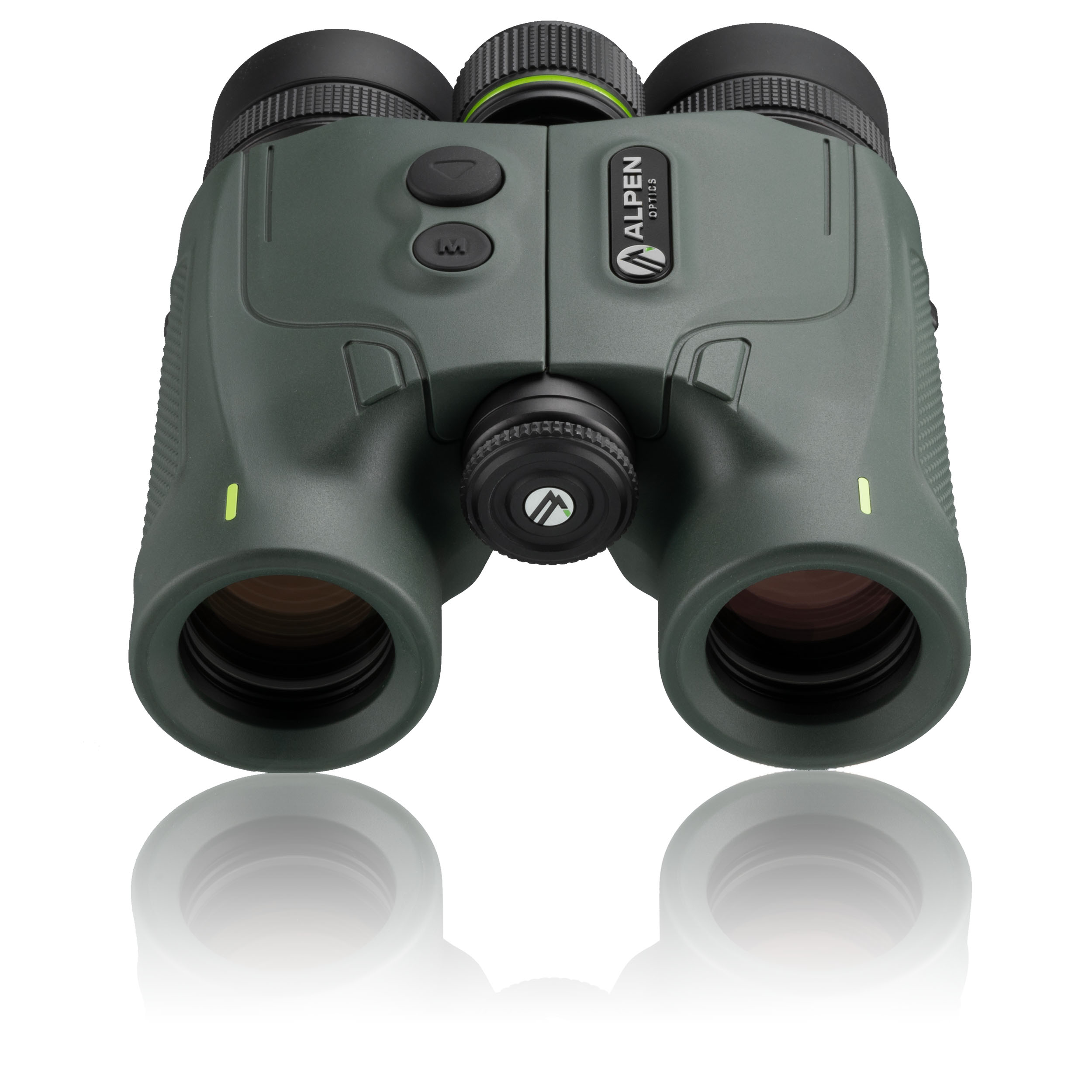 Prismáticos verdes Alpen Optics con controles negros y logotipo de la marca sobre fondo blanco.