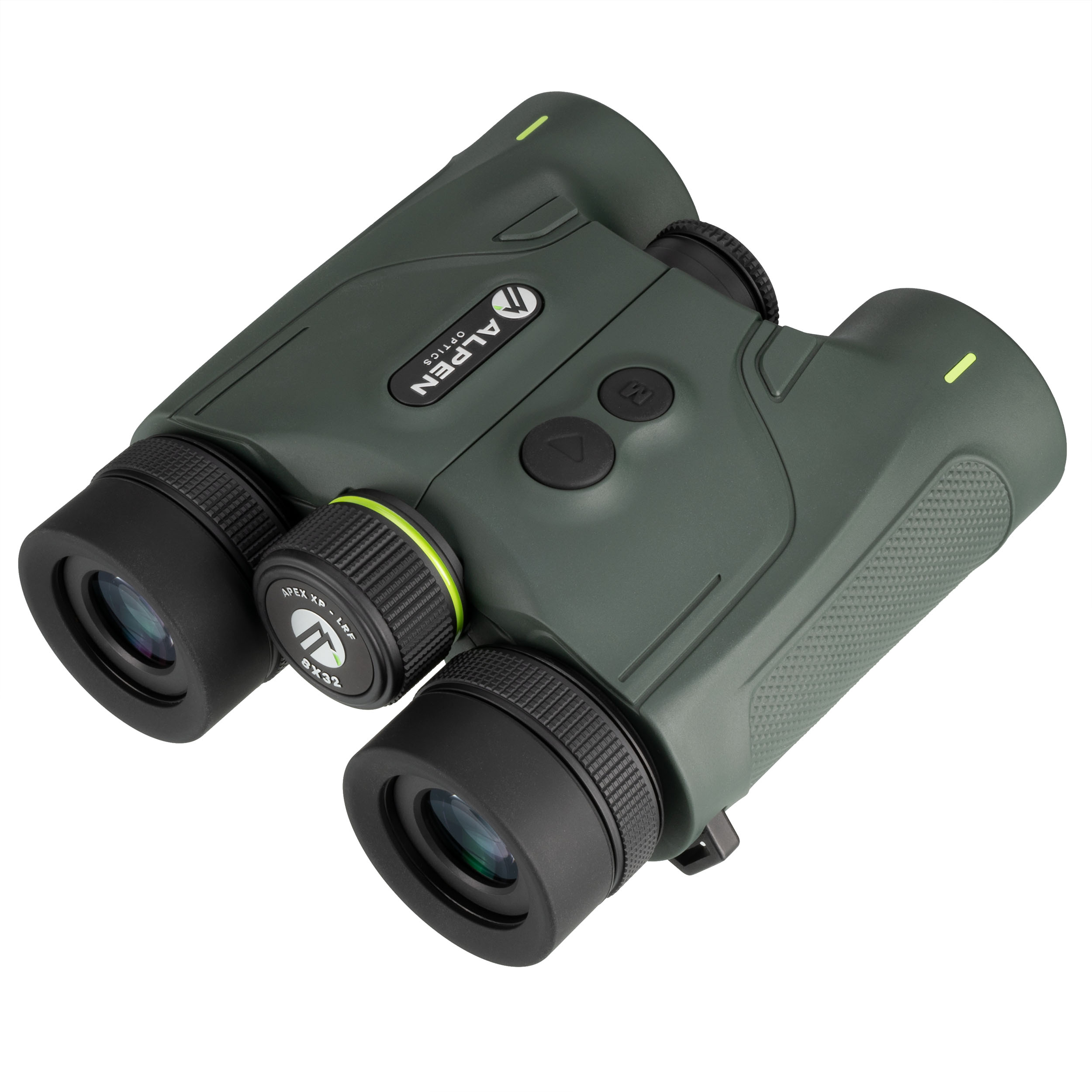 Binoculares Alpen Optics verde oscuro con telémetro láser y botones de control negros.