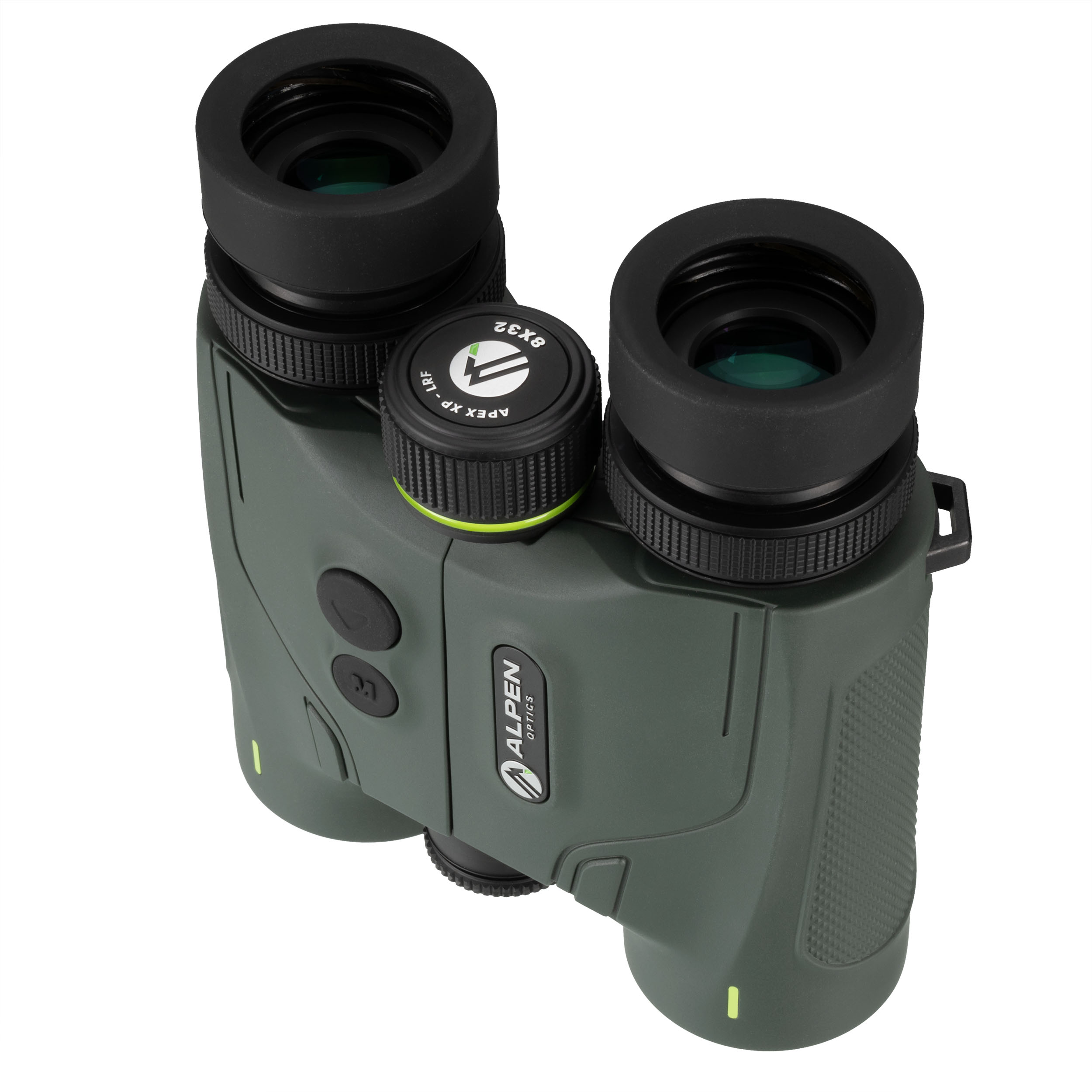 Prismáticos verdes Alpen Optics con rueda de enfoque y ojeres sobre fondo blanco.