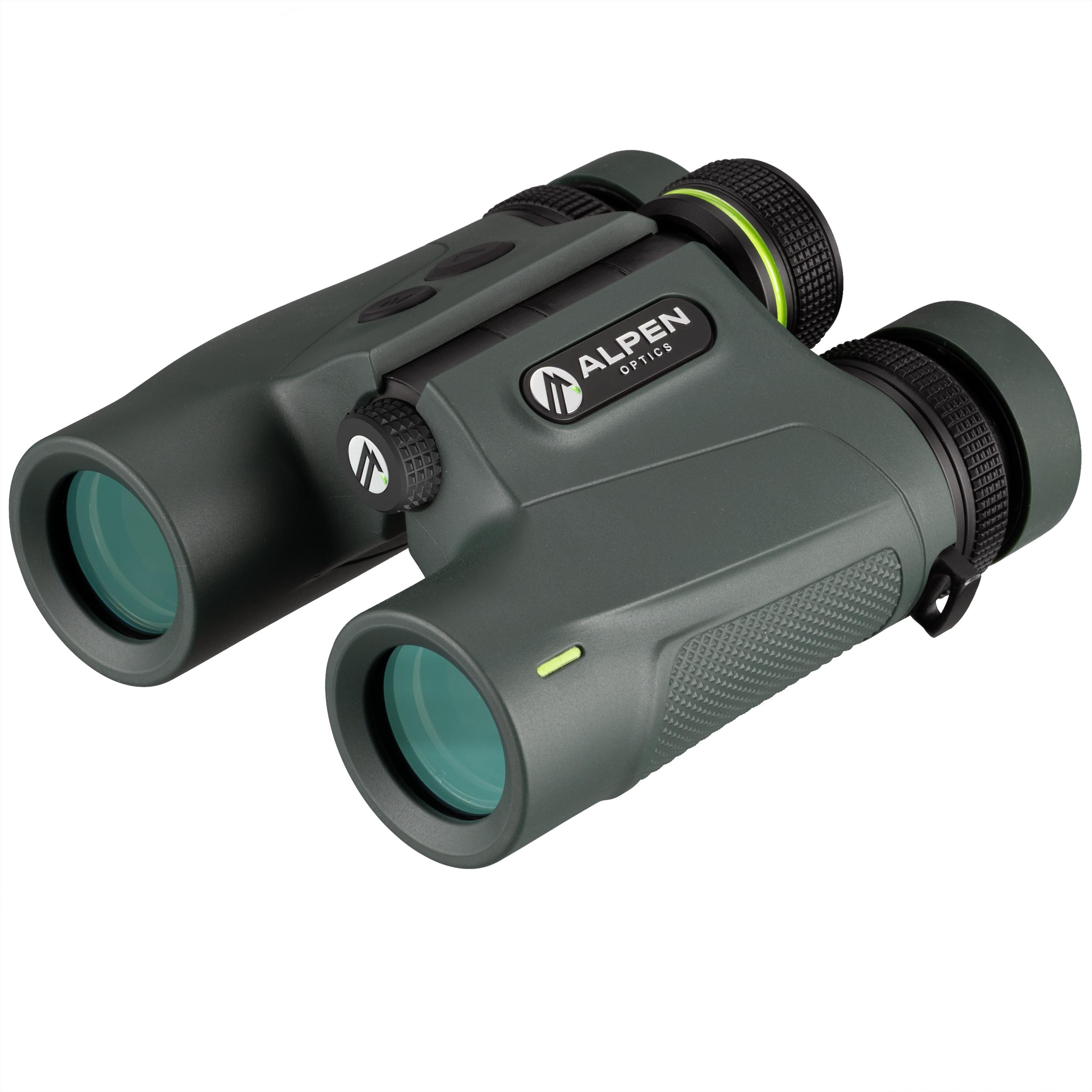 Prismáticos verdes Alpen Optics con controles negros y logotipo de la marca sobre fondo blanco.