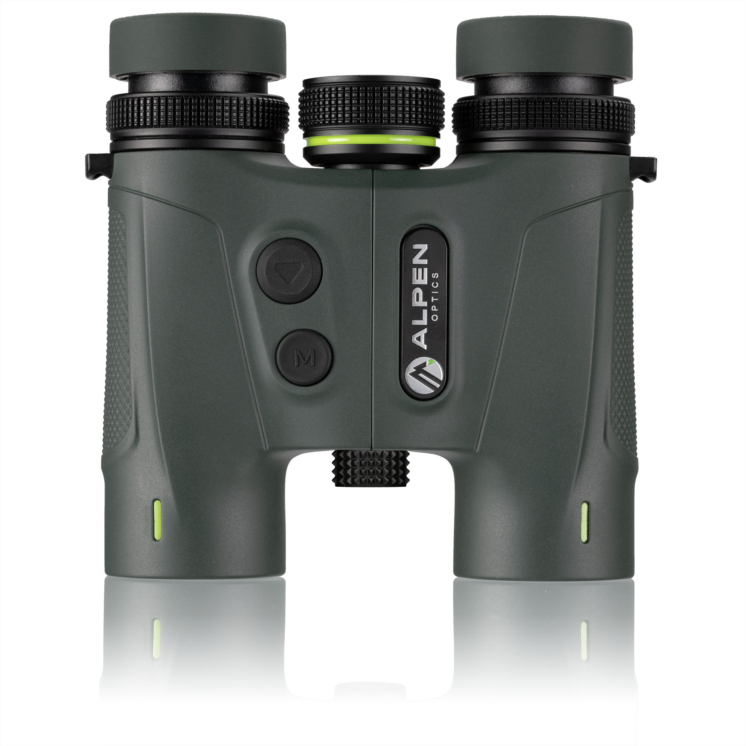 Prismáticos Alpen Optics verde oscuro con perillas de ajuste y logotipo de la marca sobre fondo blanco.