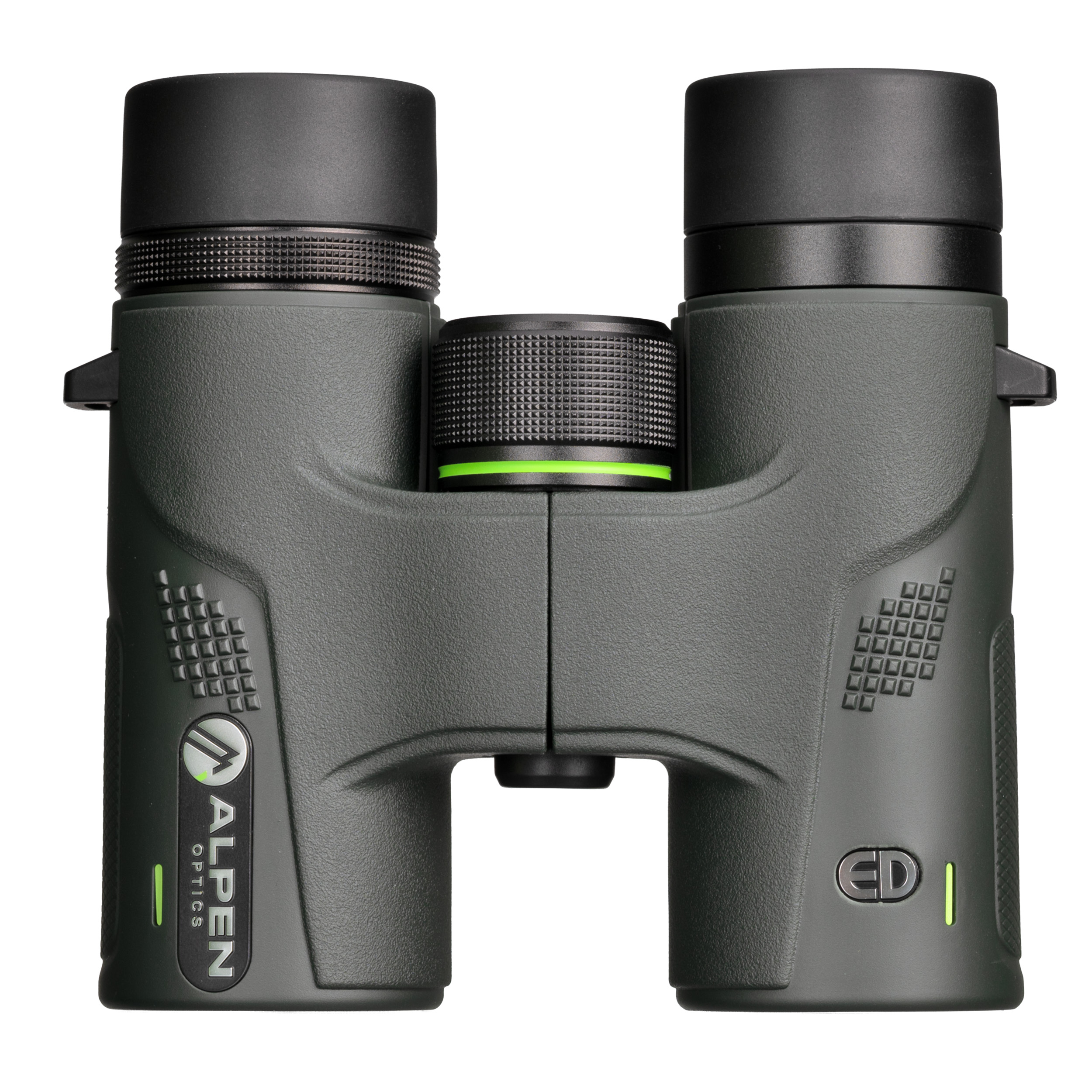 Prismáticos Alpen Optics verde oscuro con rueda de enfoque negra sobre fondo blanco.