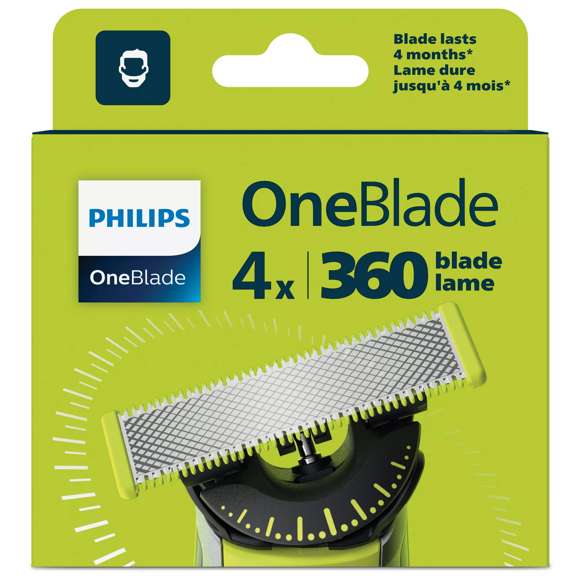 Confezione di lame Philips OneBlade 360 verde con quattro ricambi.