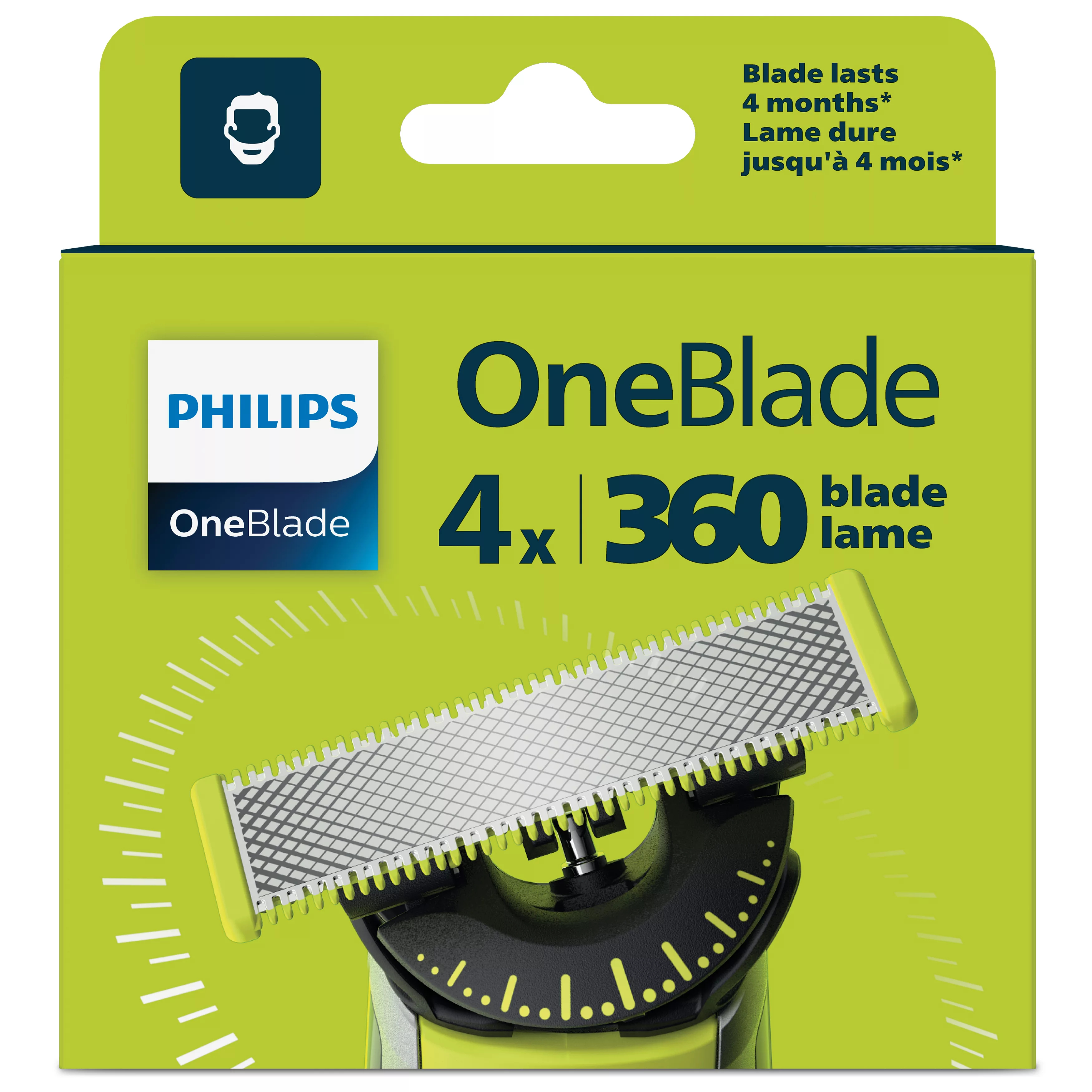 Confezione verde di lame di ricambio Philips OneBlade 360 con quattro lame.
