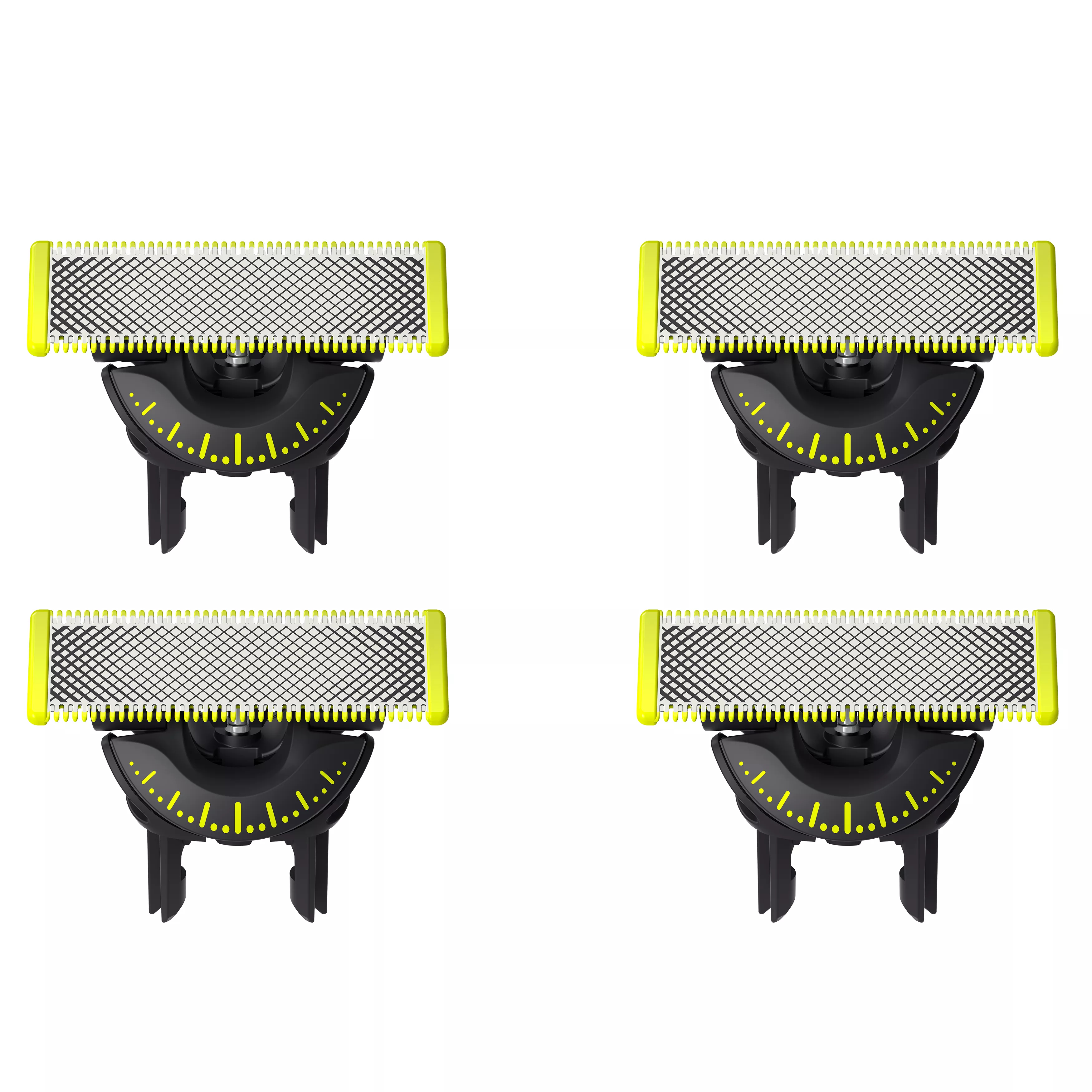 Quattro lame da barba elettriche identiche con cornici gialle e attacchi neri regolabili su uno sfondo bianco.