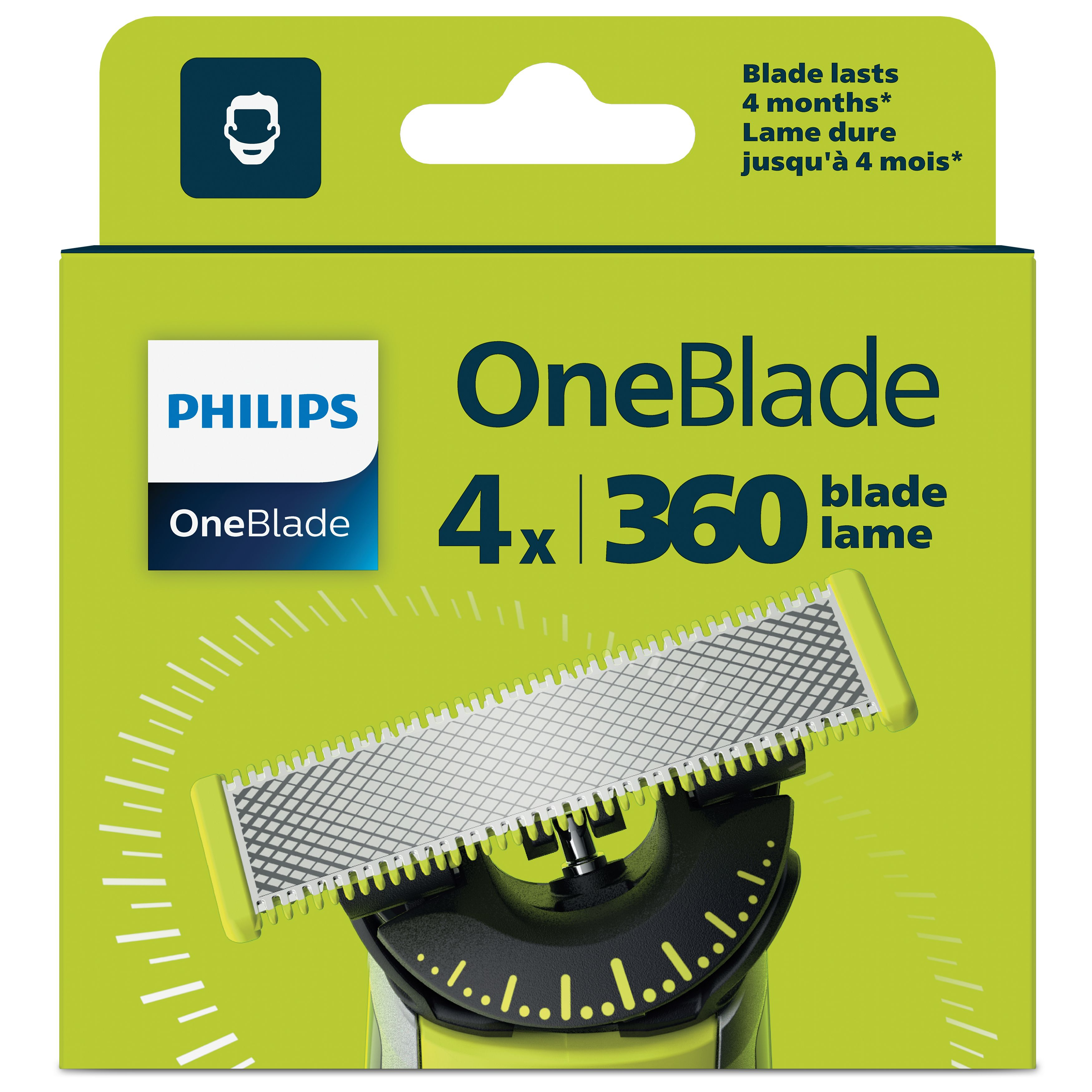 Confezione verde di lame di ricambio Philips OneBlade 360, con quattro lame e dettagli.