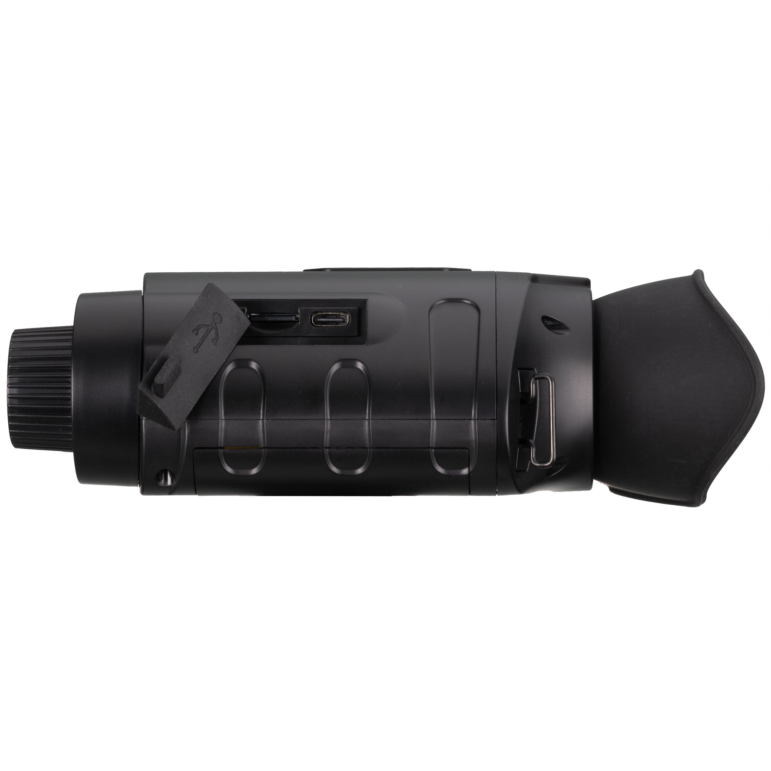 Monocular negro con un puerto USB abierto y ojal de goma sobre fondo blanco.