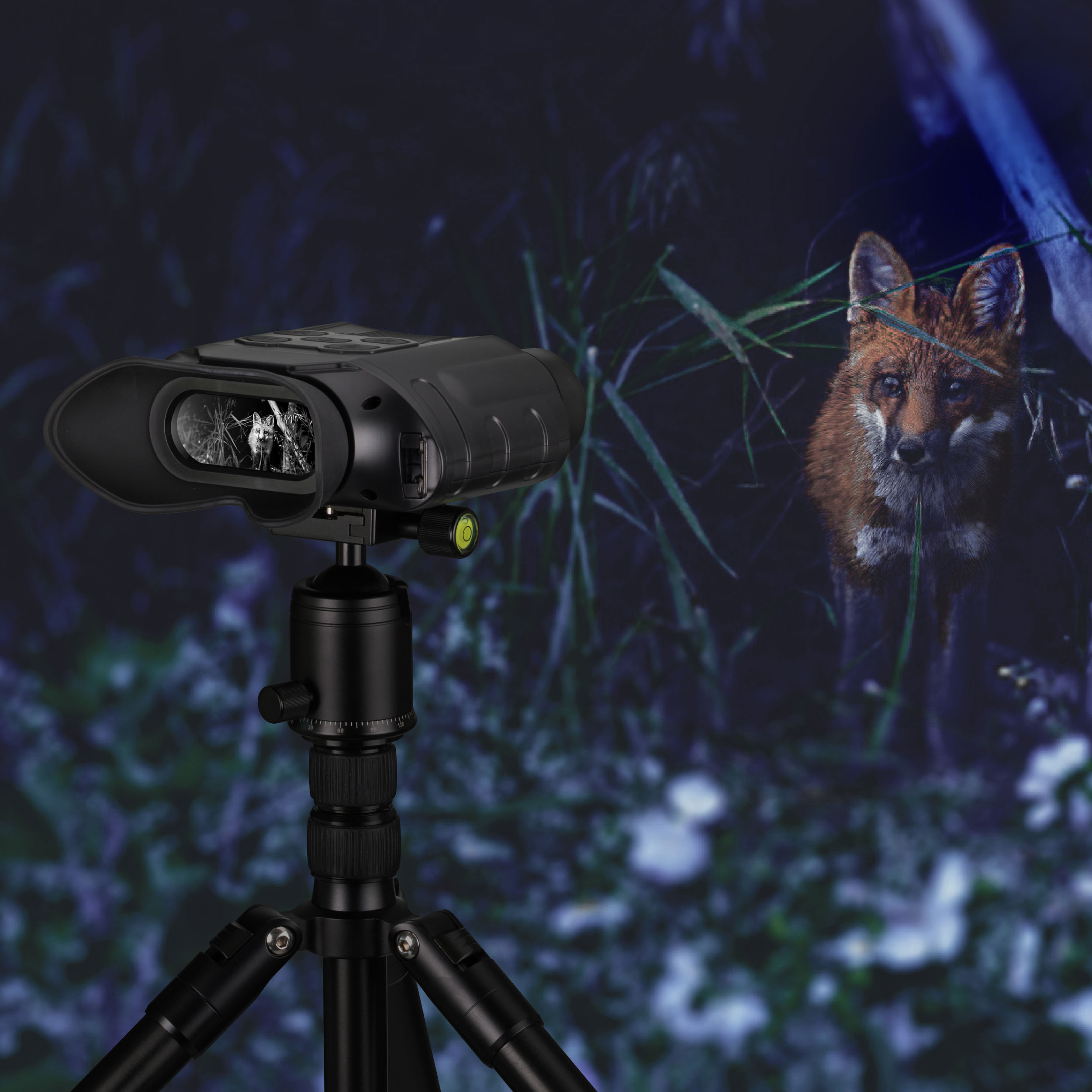 Dispositivo de visión nocturna en trípode que muestra un zorro en la pantalla.