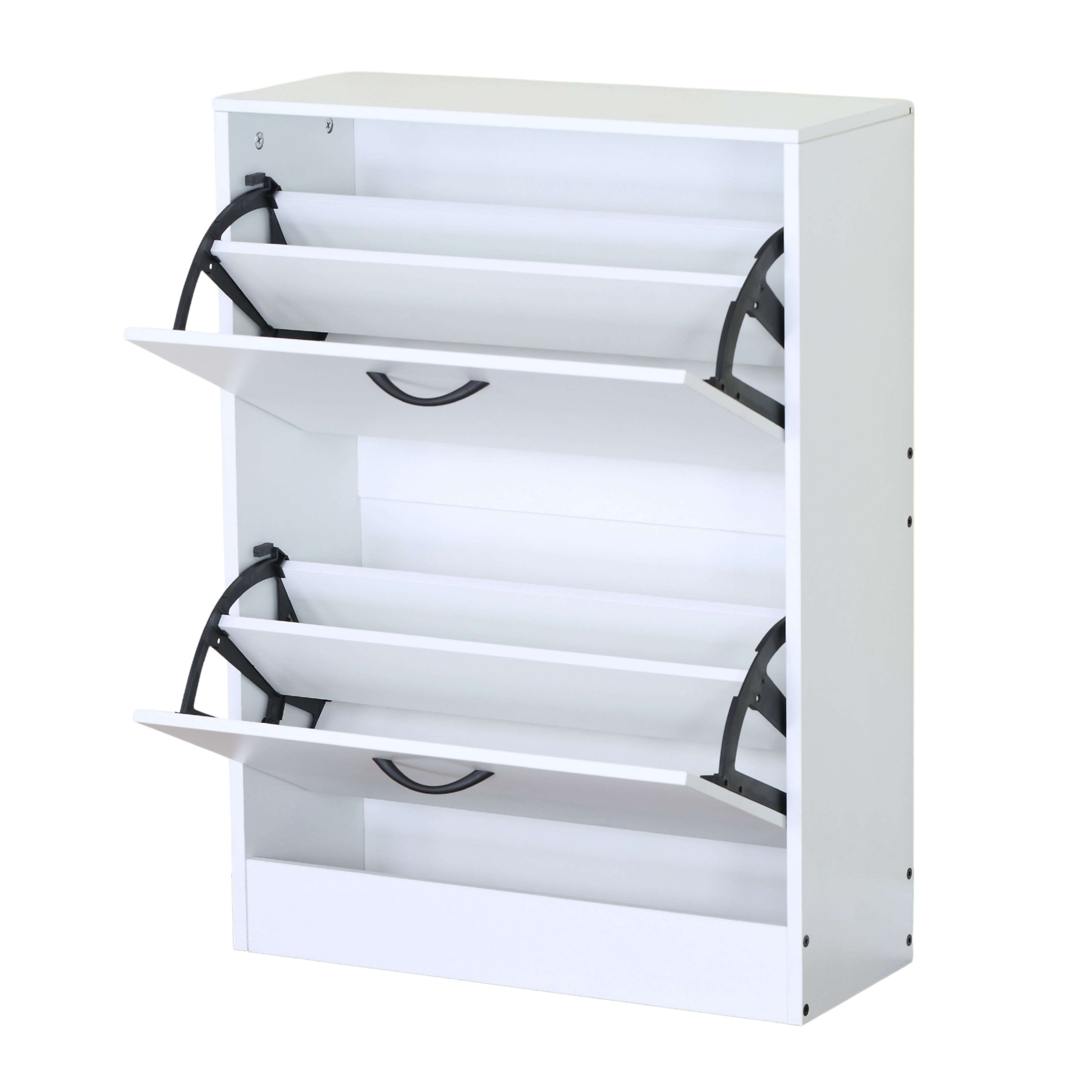 Un zapatero de madera blanca con dos puertas abatibles abiertas y estantes interiores.