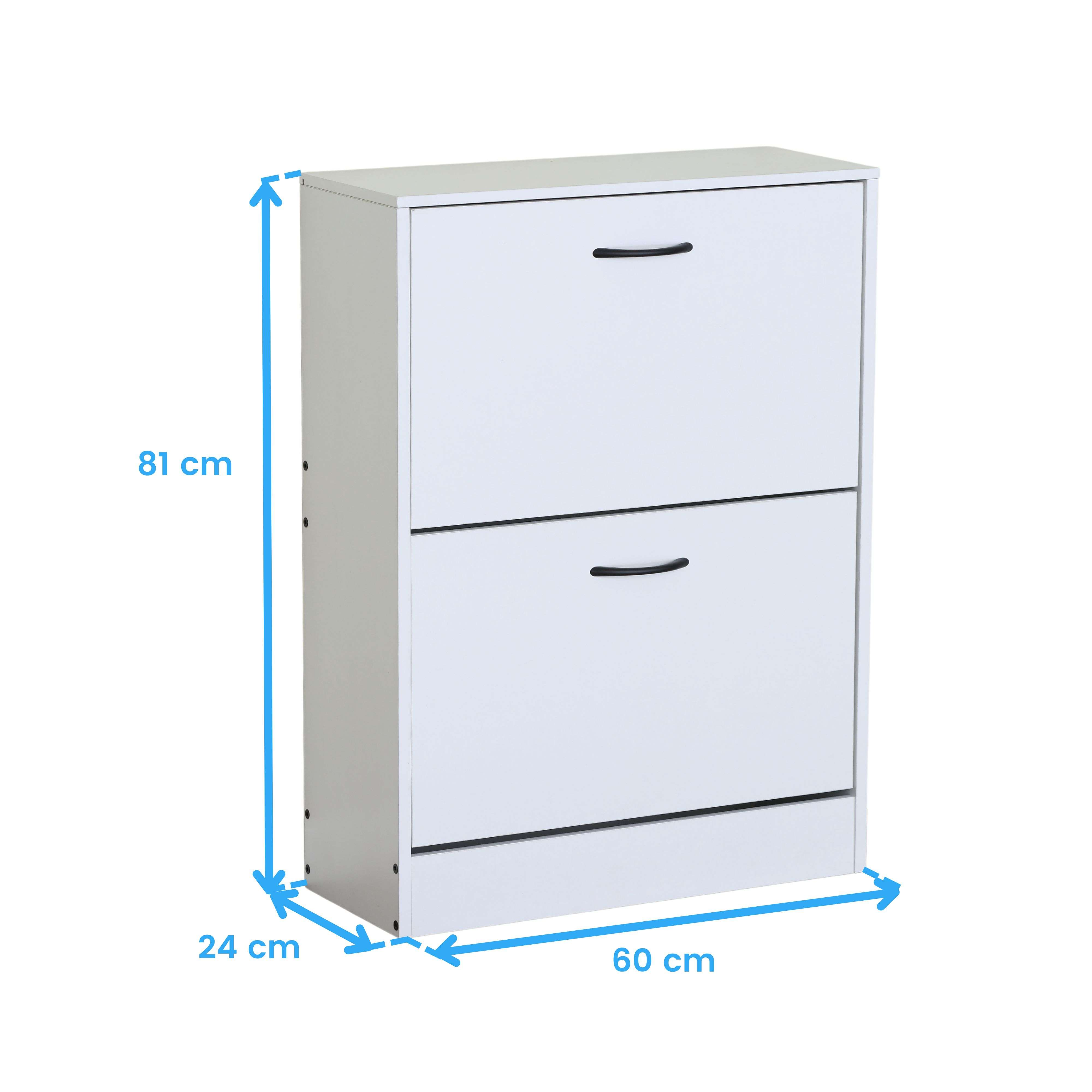 Zapatero blanco con dos cajones abatibles y tiradores negros, 81 cm de alto, 60 cm de ancho, 24 cm de fondo.