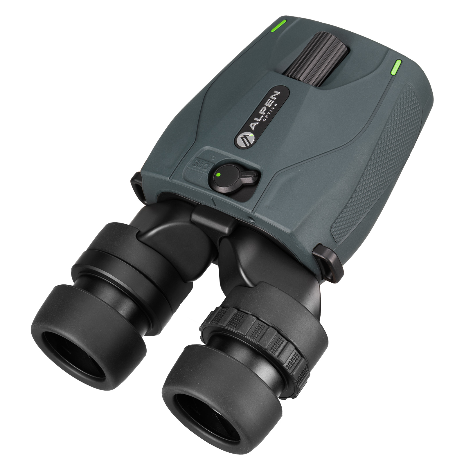 Prismaticos Alpen Optics grises y negros con rueda de enfoque central y ojeras ajustables sobre fondo blanco.