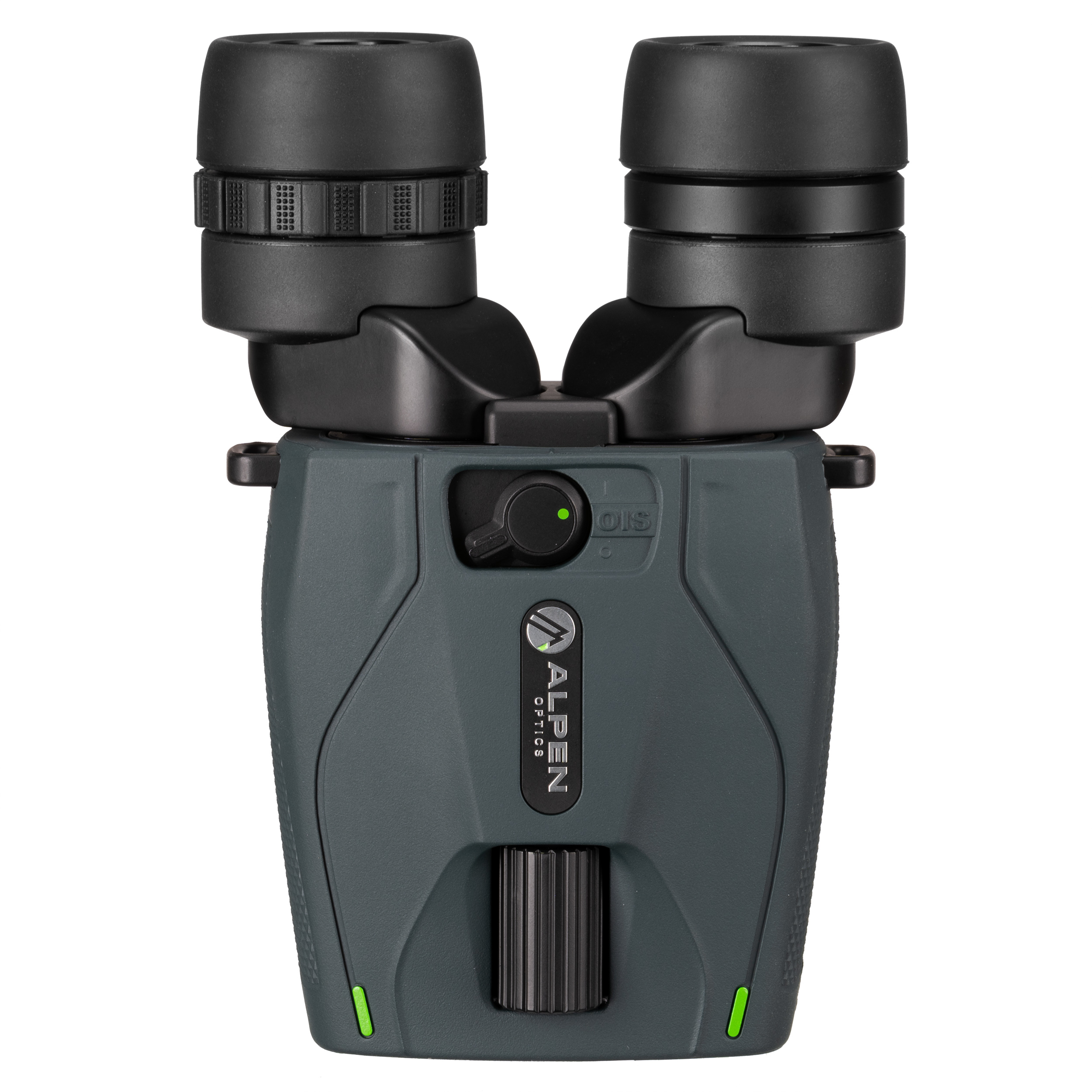 Prismáticos Alpen Optics grises y negros compactos con grandes oculares y rueda de enfoque sobre fondo blanco.