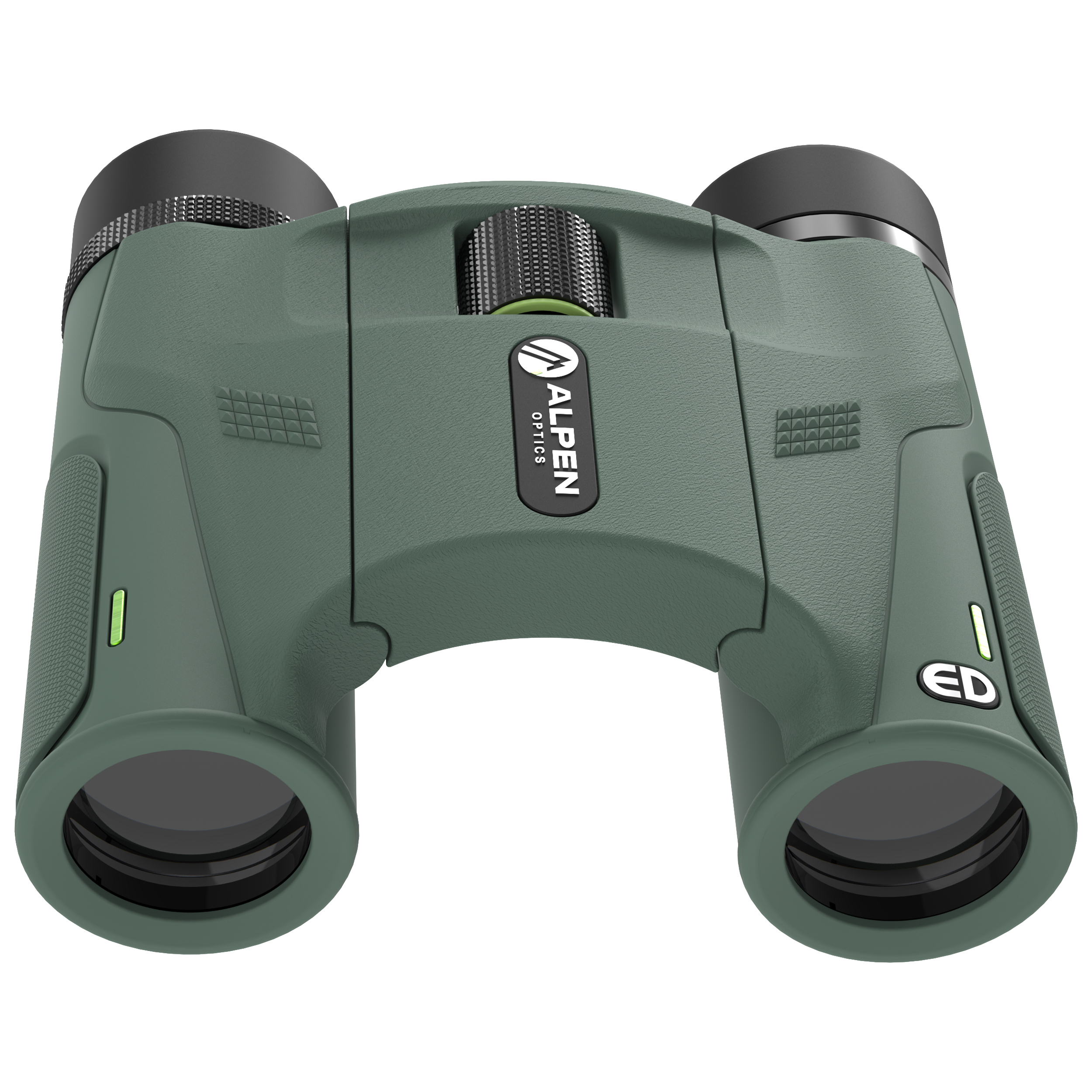 Prismáticos verdes Alpen Optics con rueda de enfoque negra sobre fondo blanco.