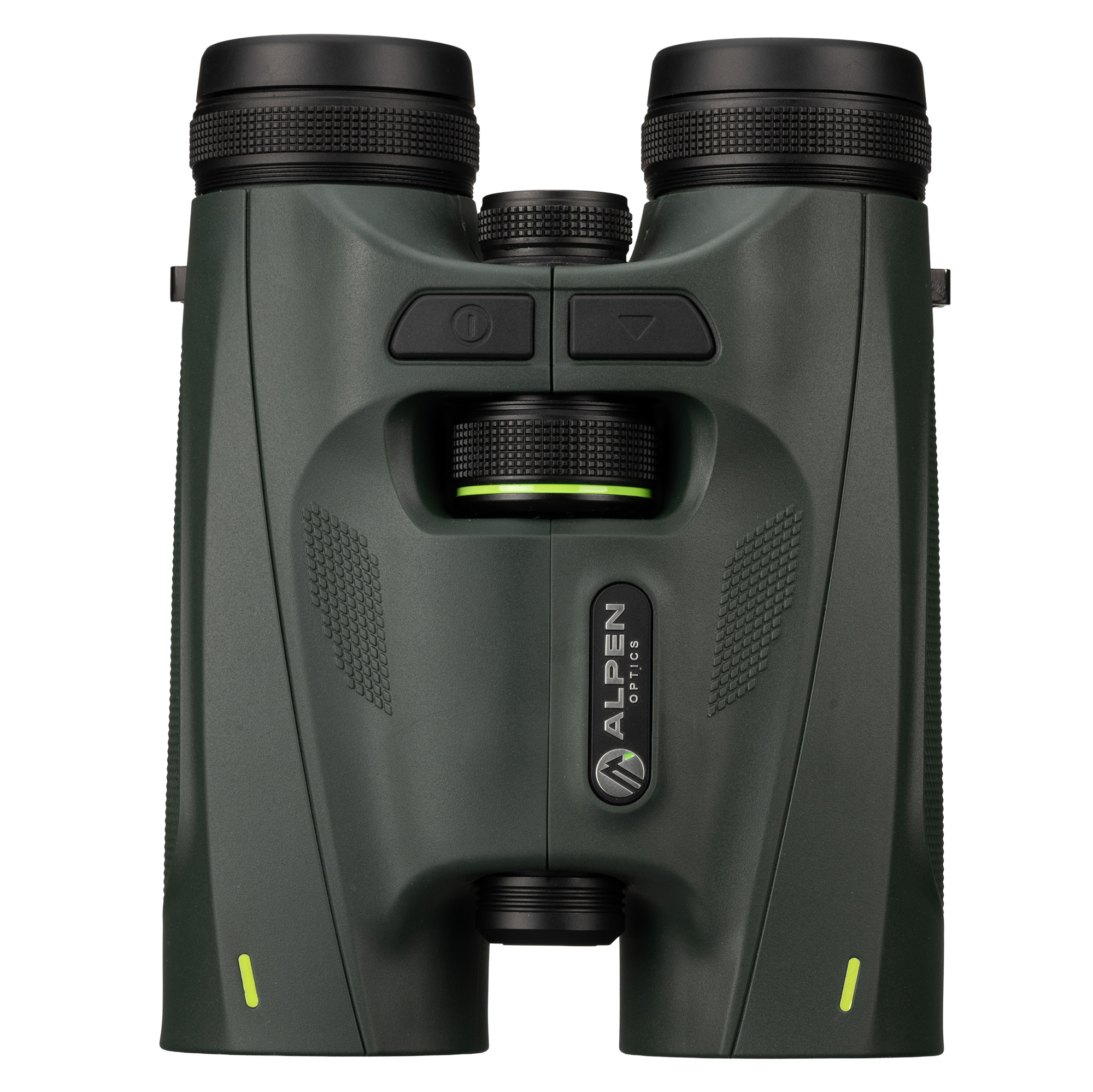 Prismáticos Alpen Optics de color verde oscuro con rueda de enfoque negra y botones sobre fondo blanco.
