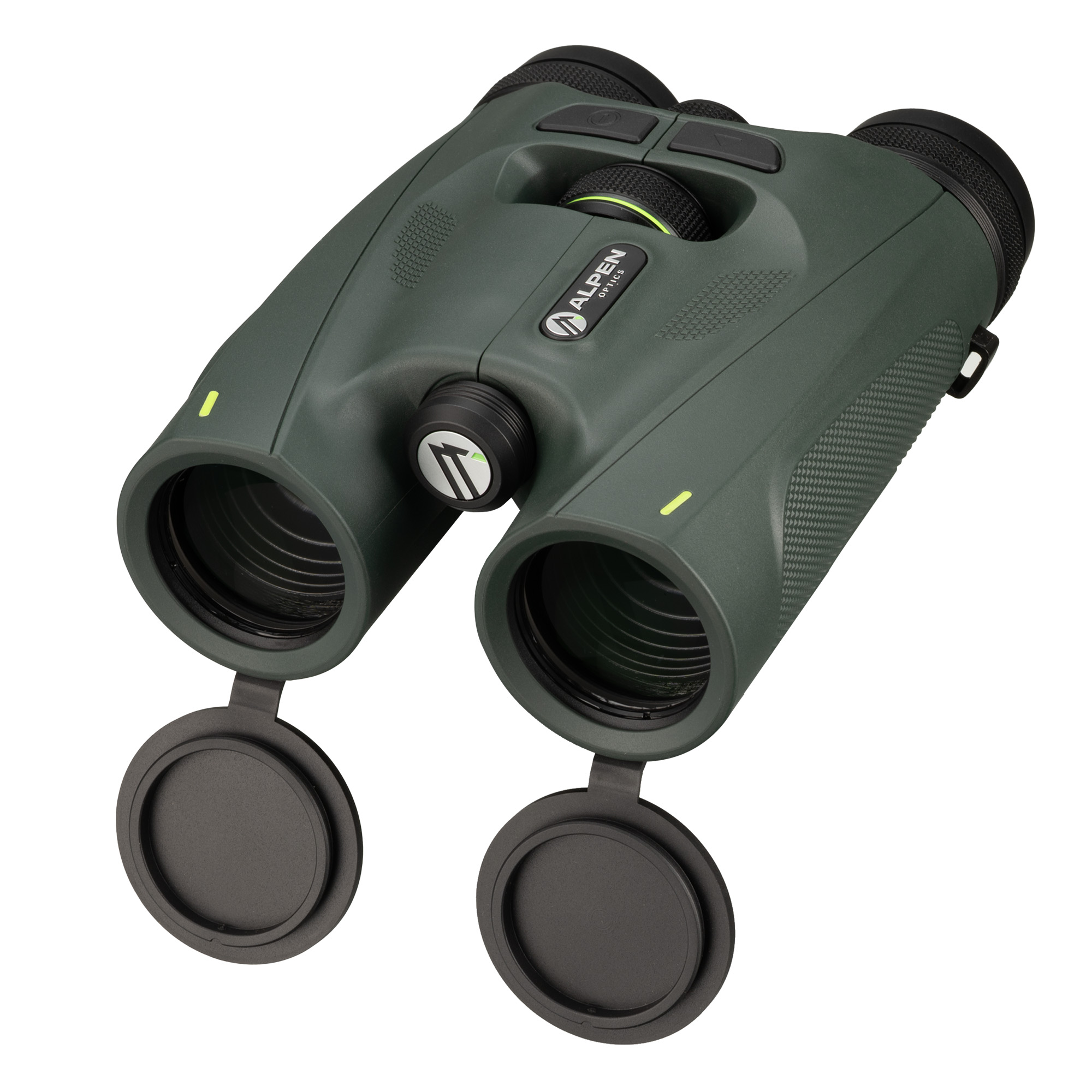 Prismáticos Alpen Optics verde oscuro con tapas de lentes abiertas sobre fondo blanco.