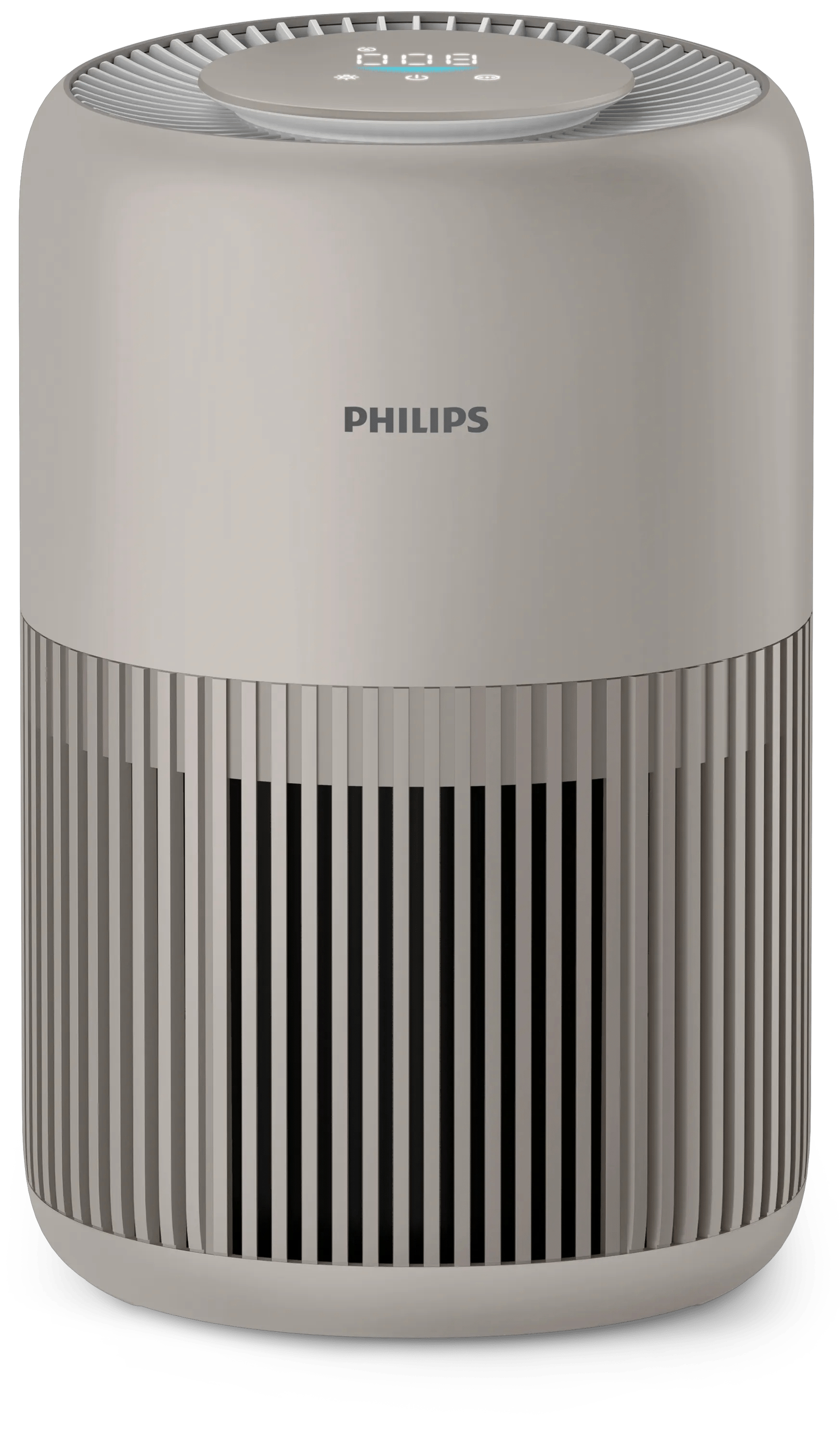 Un purificatore d'aria Philips beige in piedi, con display digitale in alto e fessure di ventilazione verticali.
