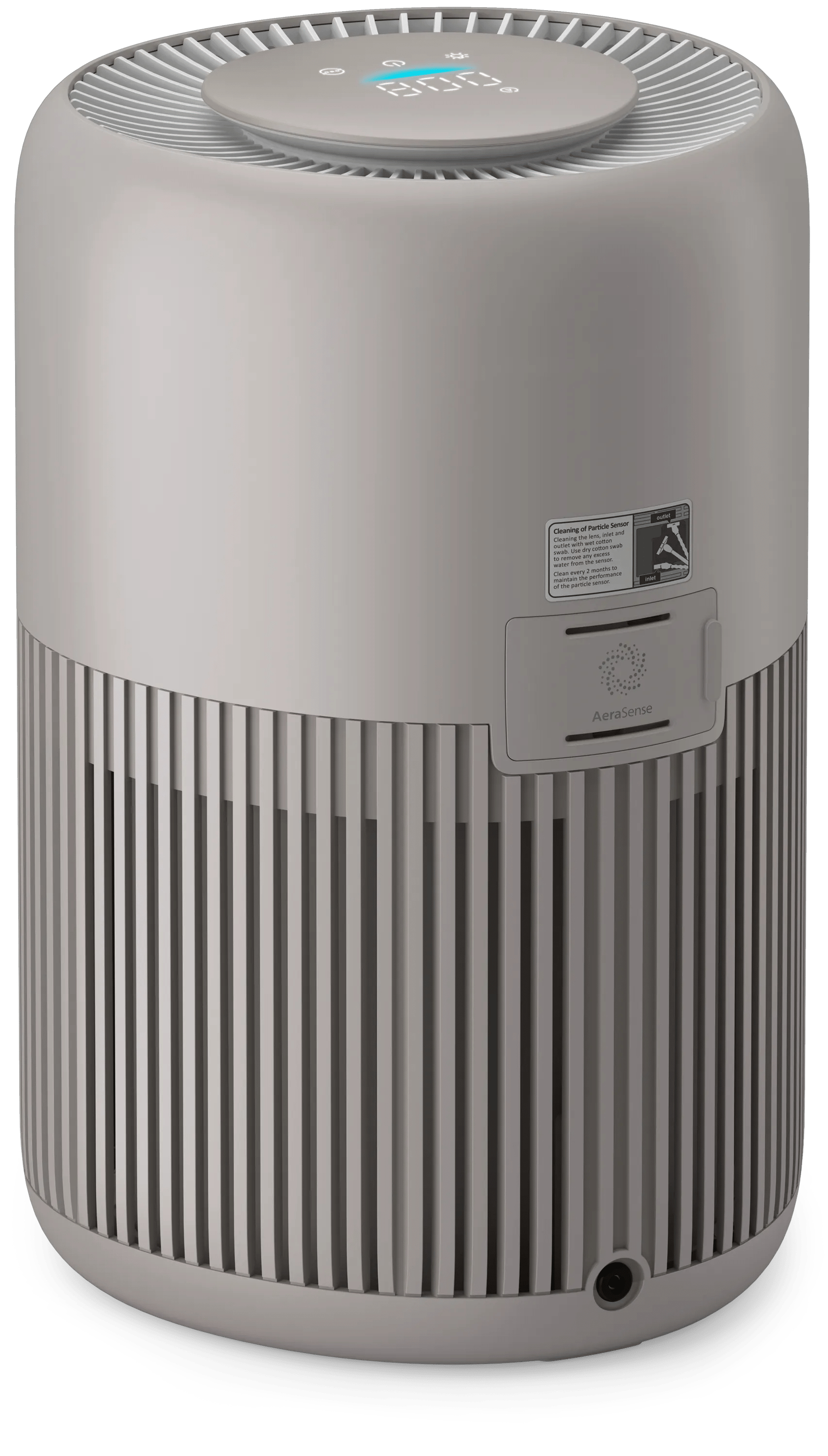 Un purificatore d'aria cilindrico grigio con display digitale e griglie scanalate.