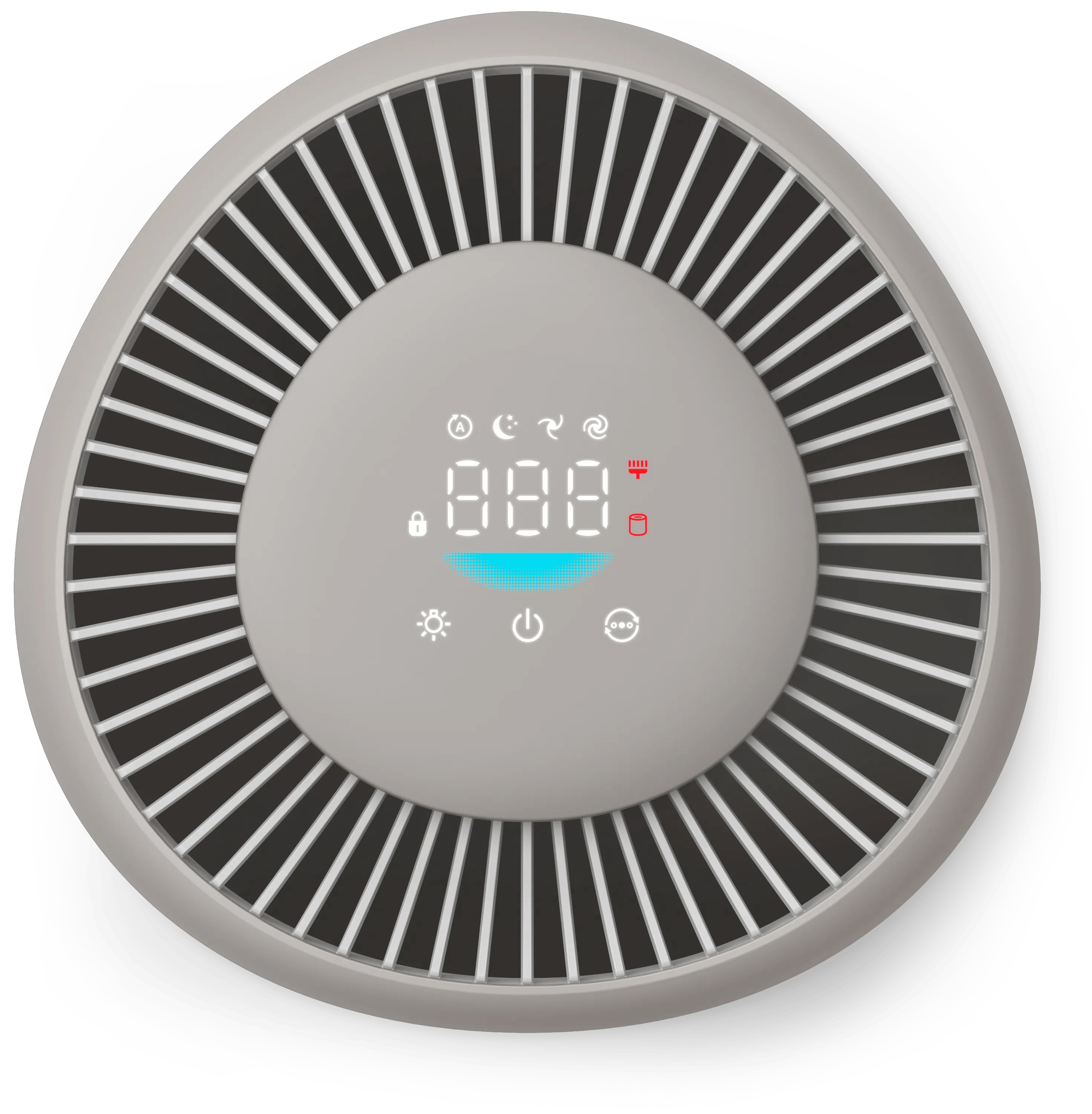 Vista dall'alto di un purificatore d'aria rotondo grigio con display digitale centrale e griglie di ventilazione nere.