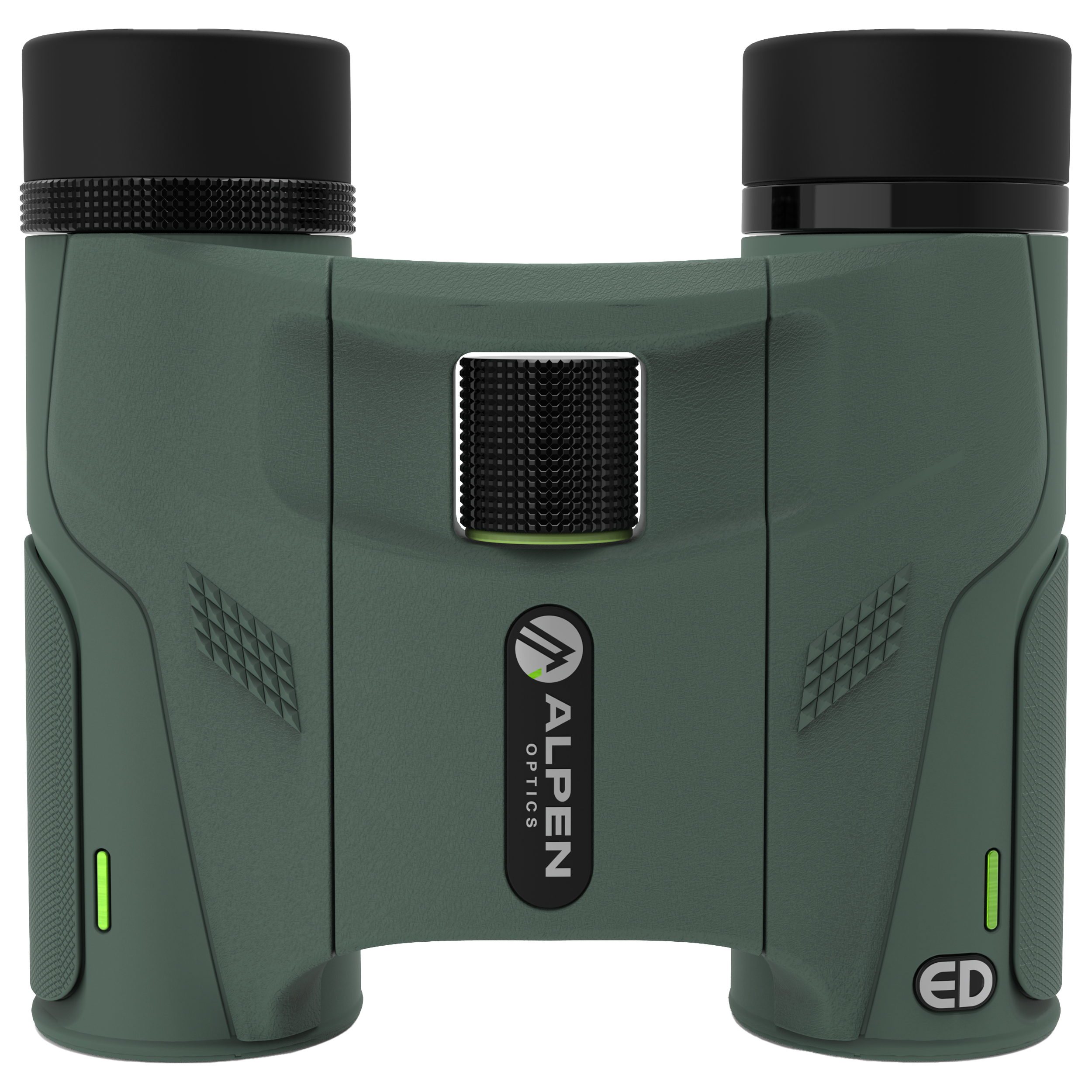 Prismáticos verdes Alpen Optics con rueda de enfoque negra sobre fondo blanco.