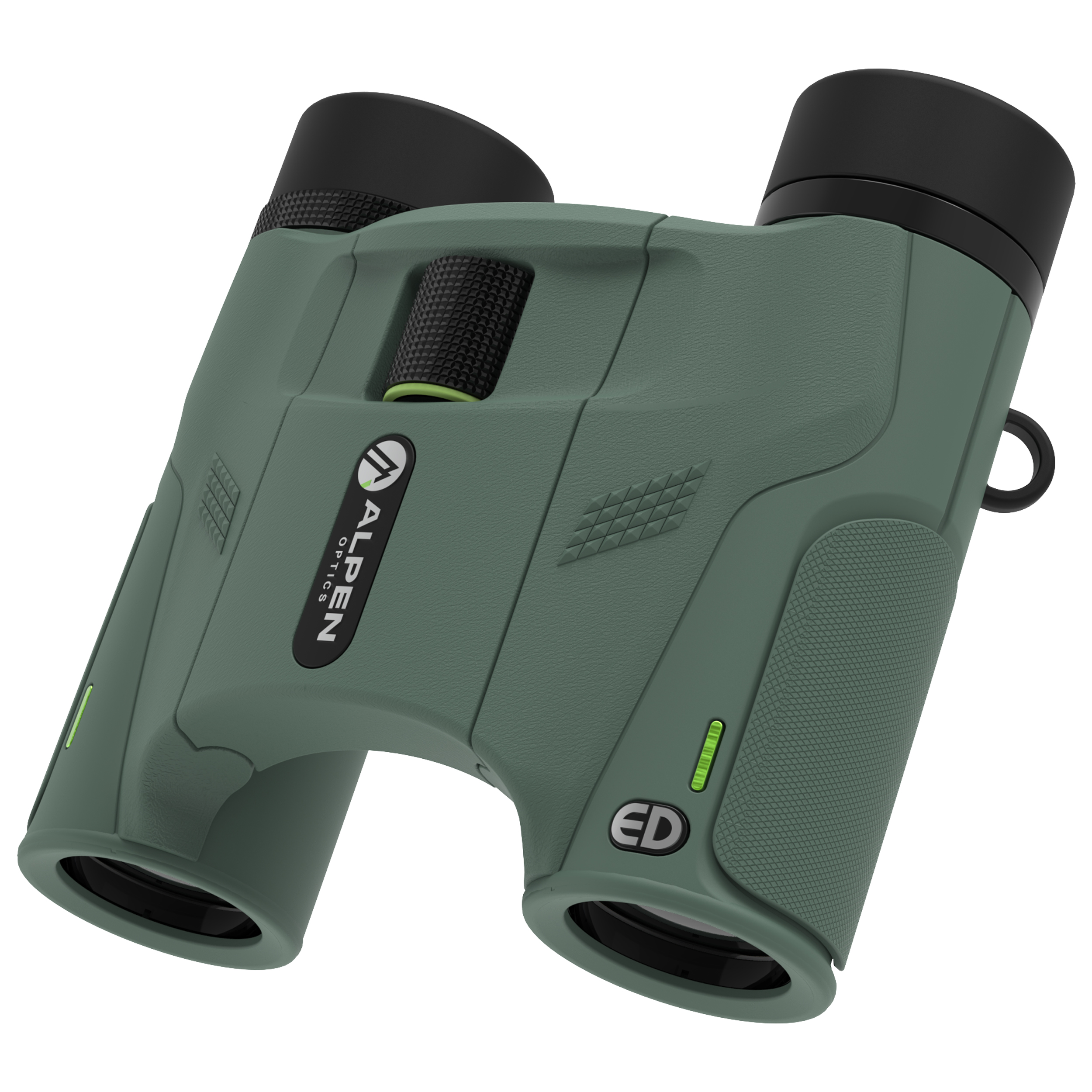 Prismaticos verdes Alpen Optics con rueda de enfoque negra y ojeras ajustables.