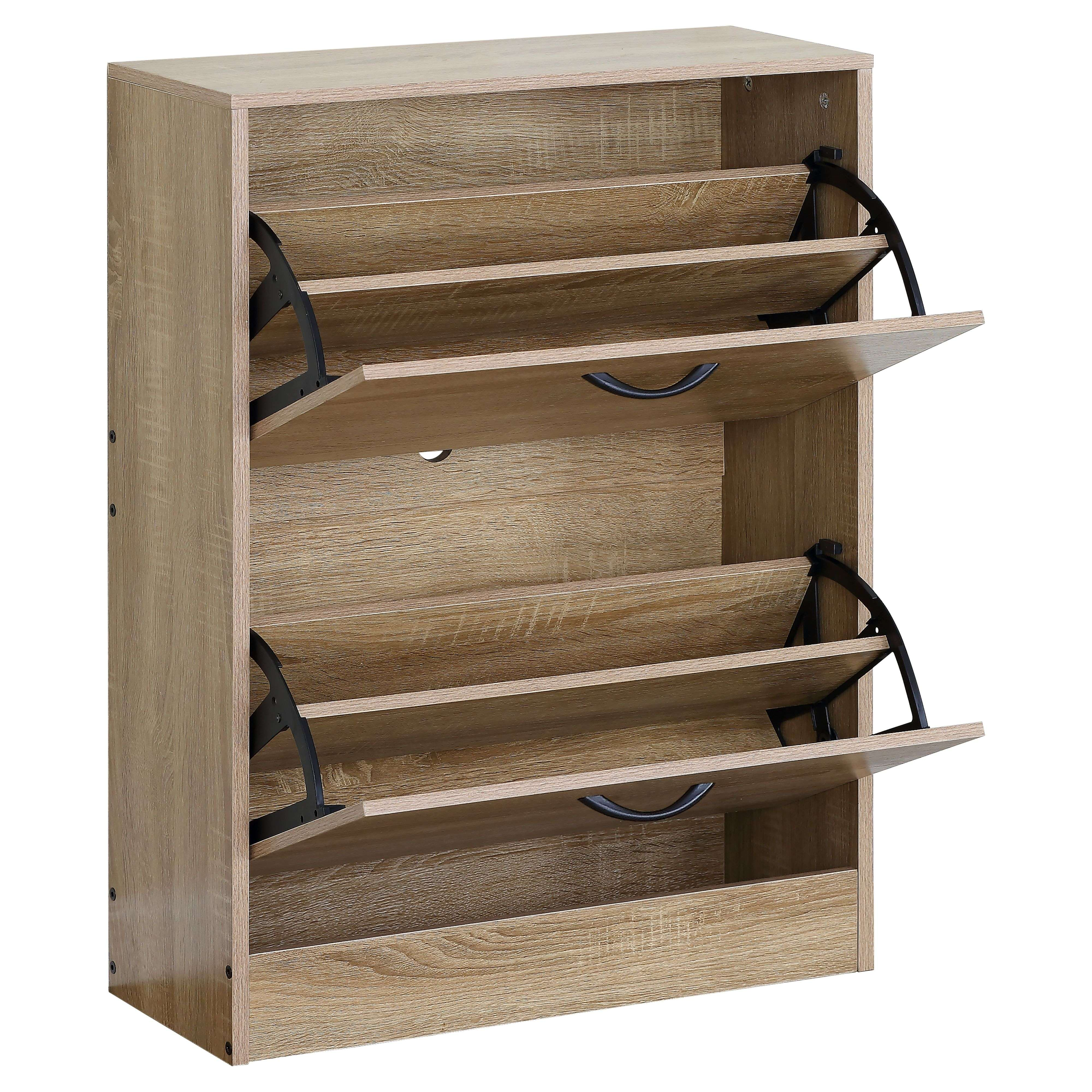 Zapatero con acabado de madera, dos puertas abatibles abiertas y herrajes metálicos negros.
