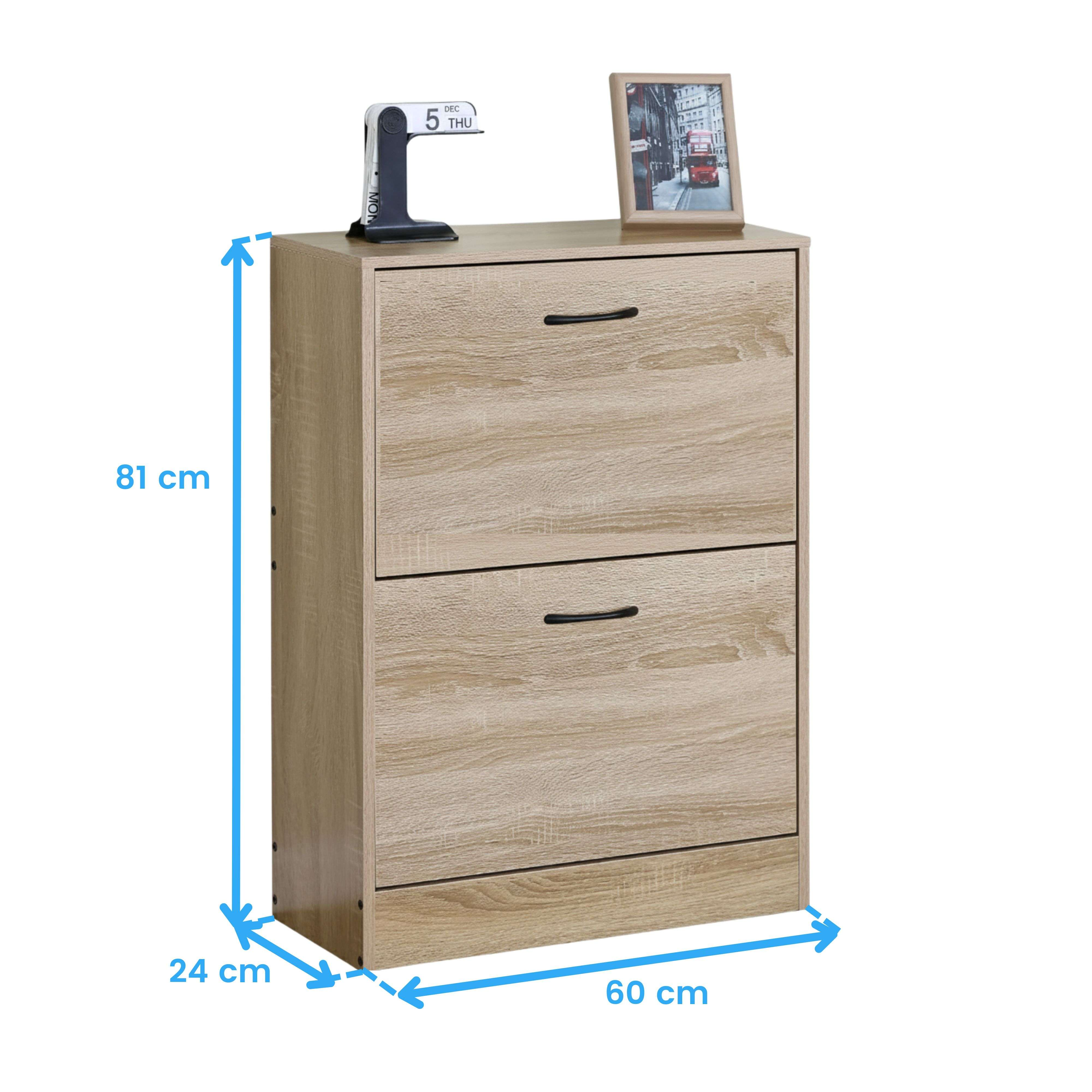 Zapatero de color madera con dos cajones, de 81 cm de alto, 60 cm de ancho y 24 cm de profundidad.