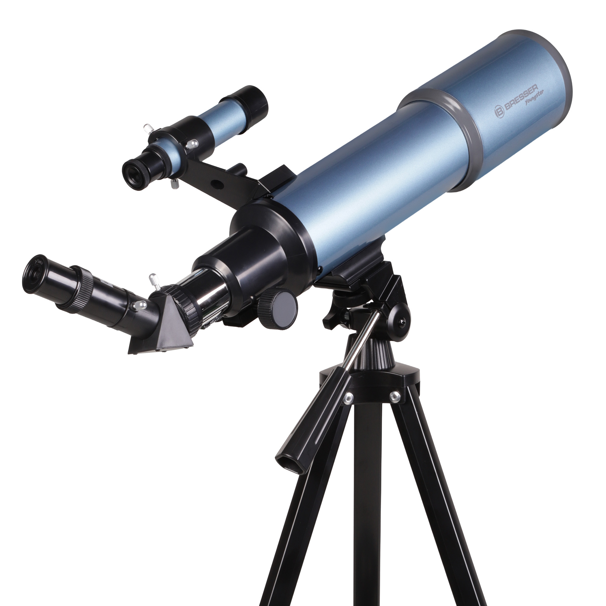 Un telescopio azul Bresser Youngster con un buscador y un ocular, montado en un trípode negro.