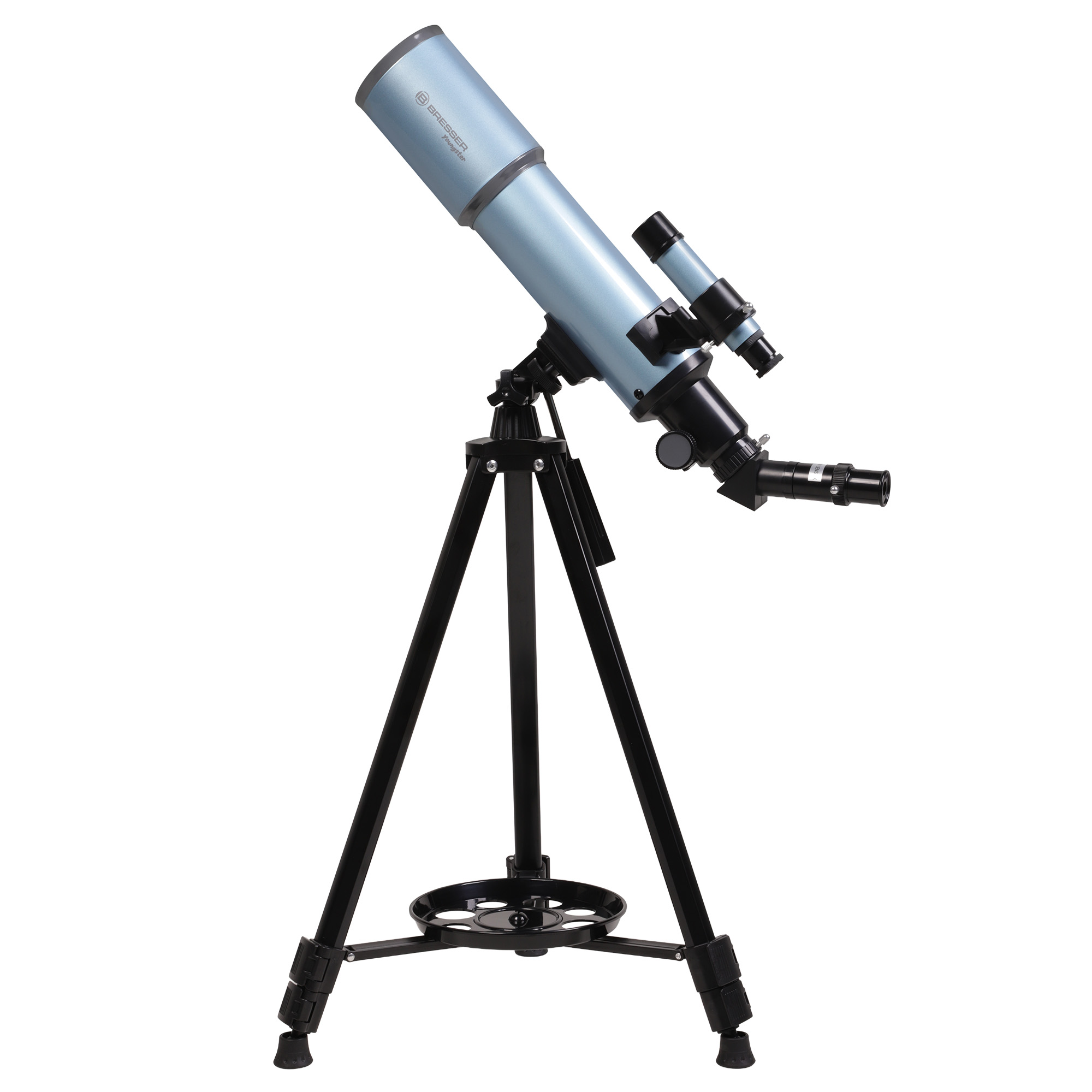 Telescopio refractor azul claro montado en un trípode de metal negro, sobre fondo blanco.