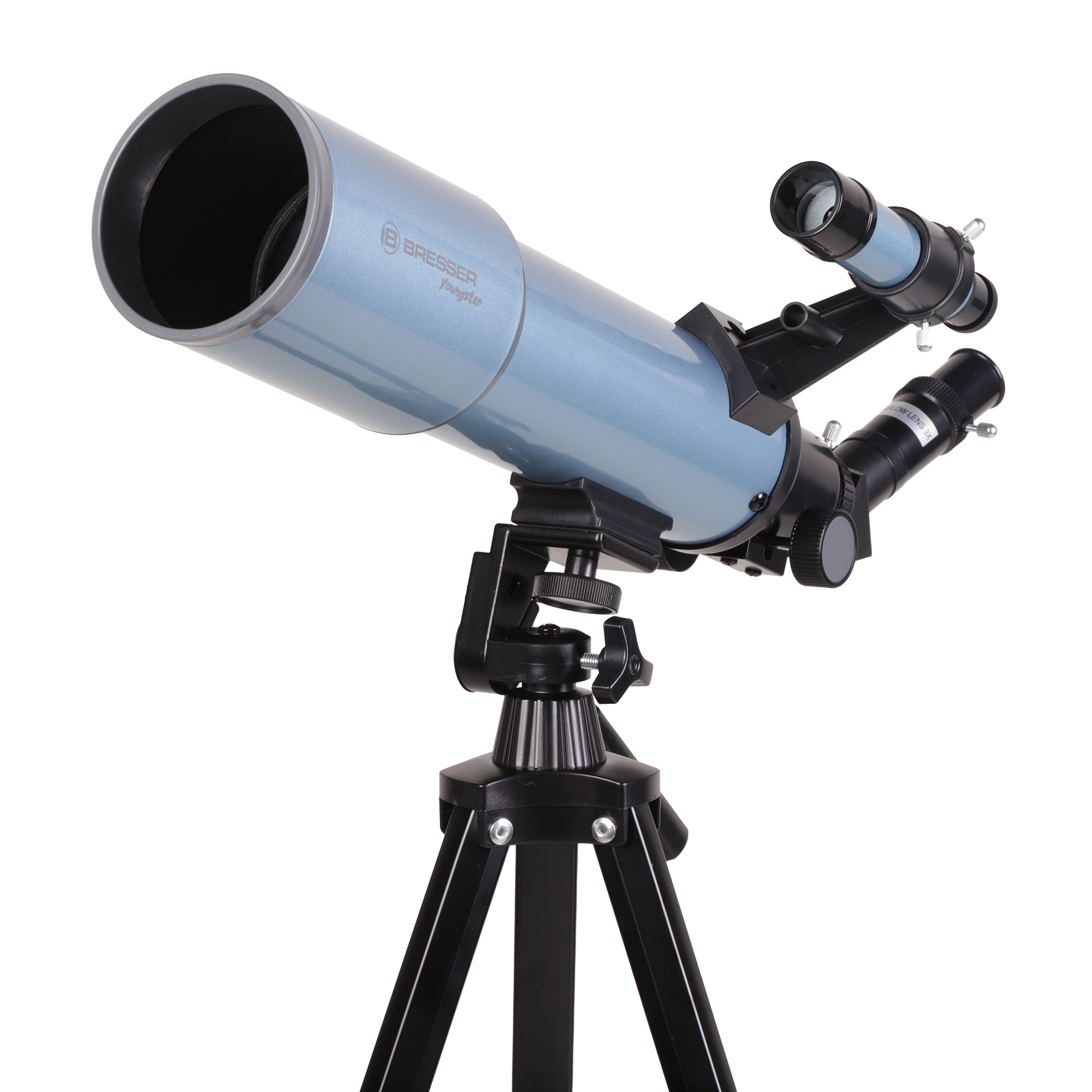 Un telescopio azul Bresser sobre un trípode negro con fondo blanco.