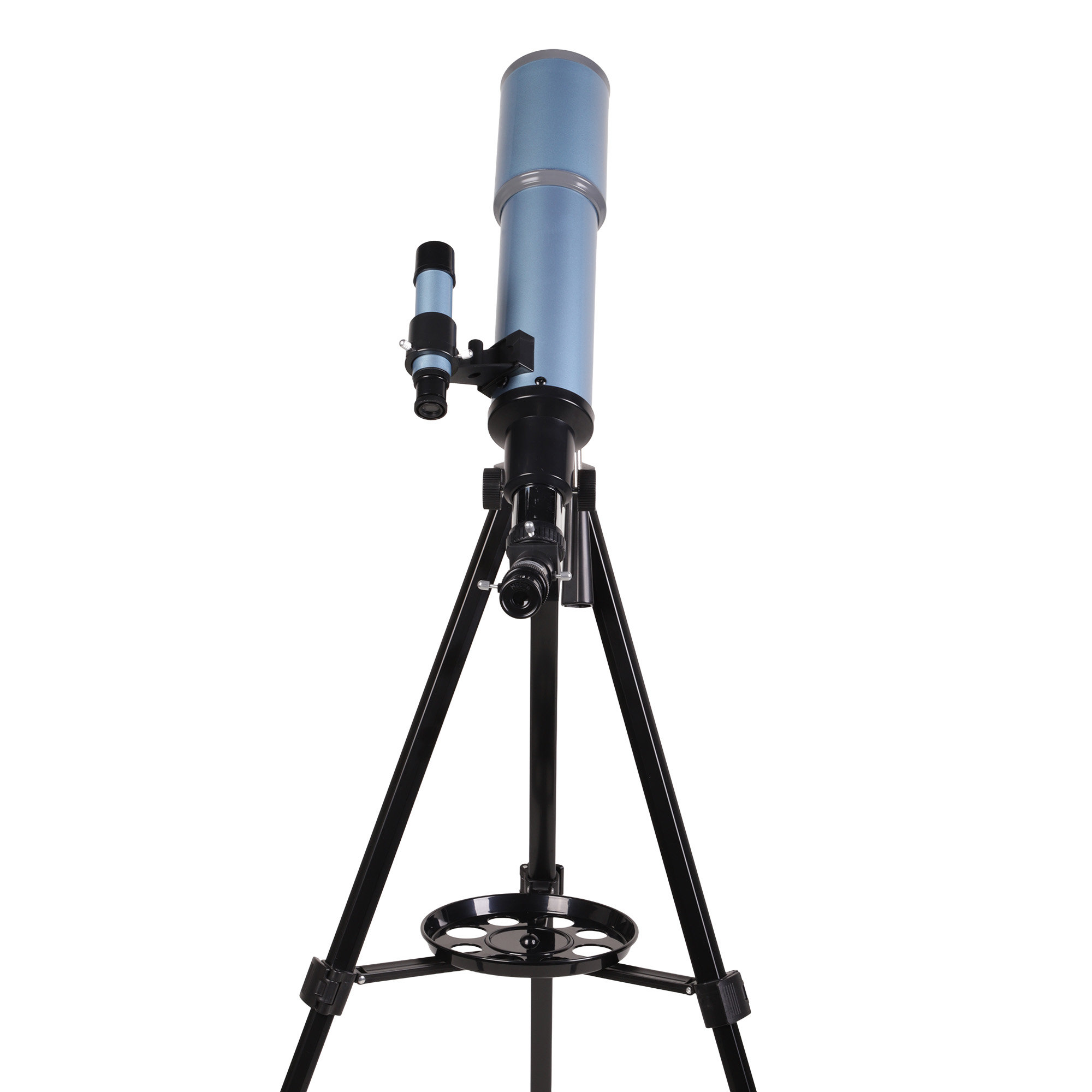 Un telescopio azul con un trípode negro sobre fondo blanco.