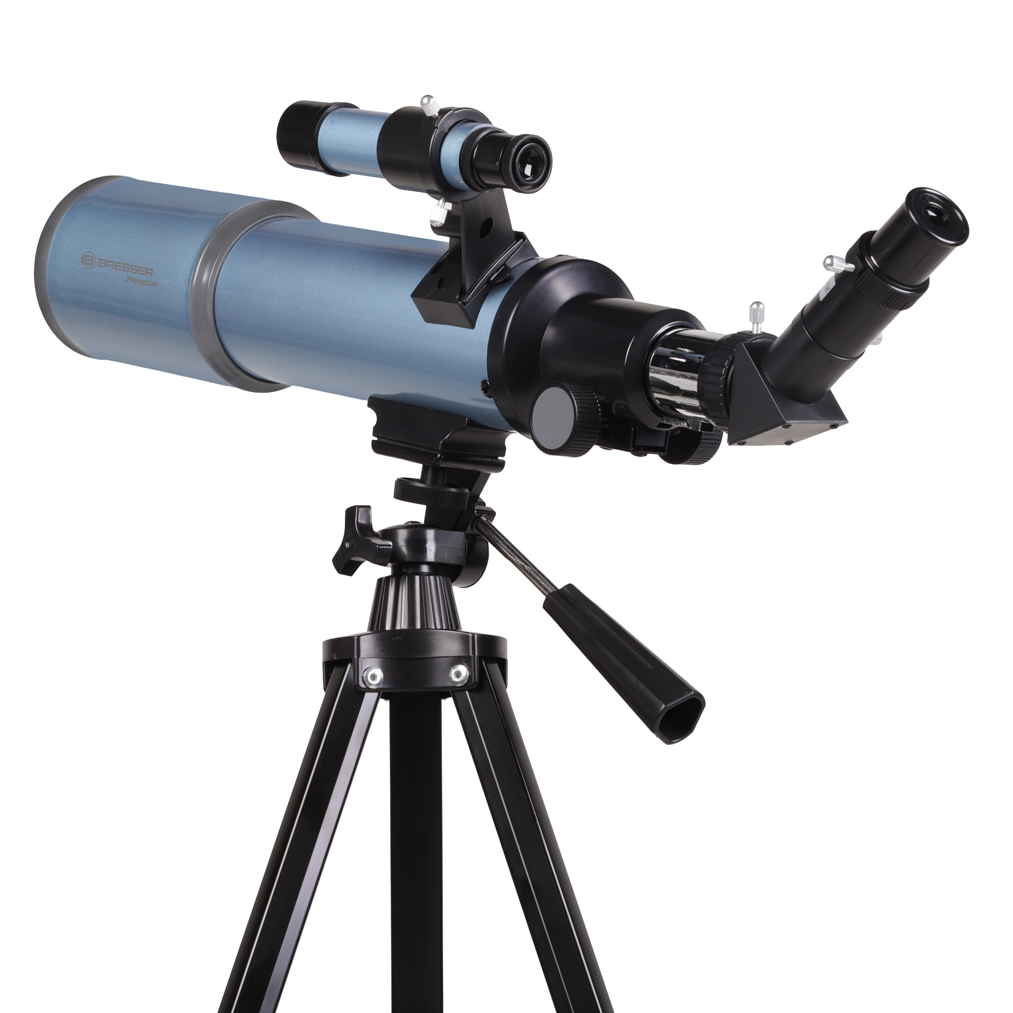 Un telescopio Bresser azul montado en un trípode negro resistente sobre fondo blanco.