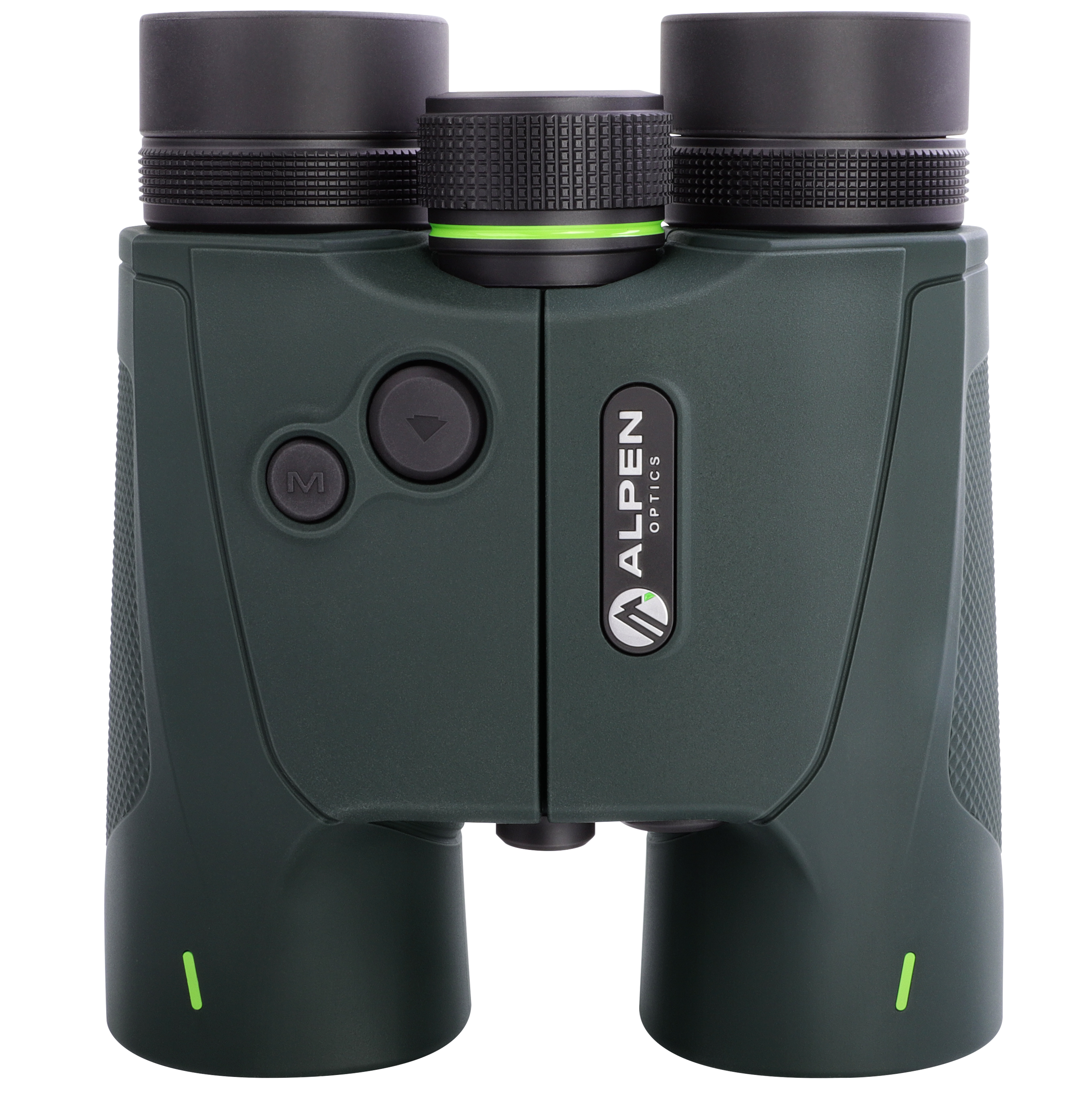 Prismáticos Alpen Optics verde oscuro con rueda de enfoque negra y botones de control sobre fondo blanco.