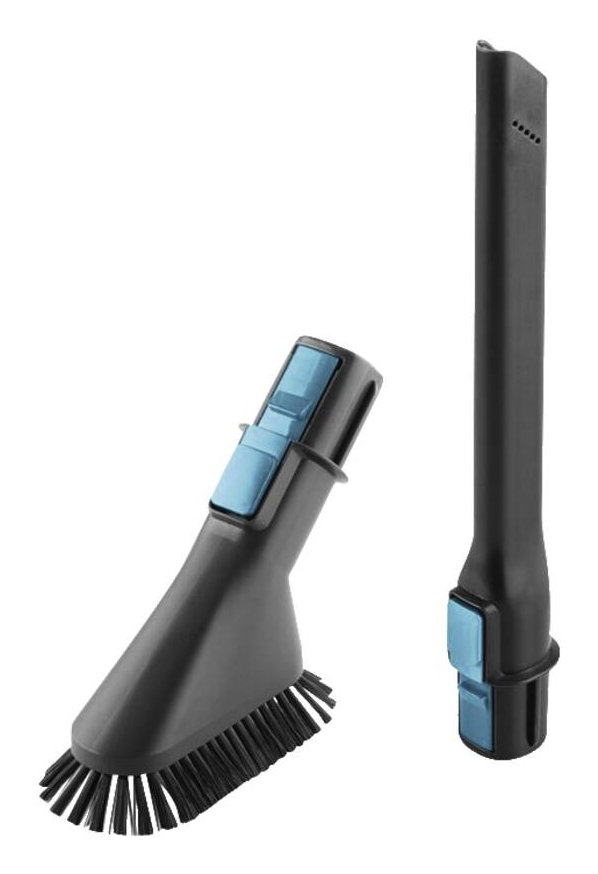 Due accessori neri per aspirapolvere con pulsanti blu su sfondo bianco.