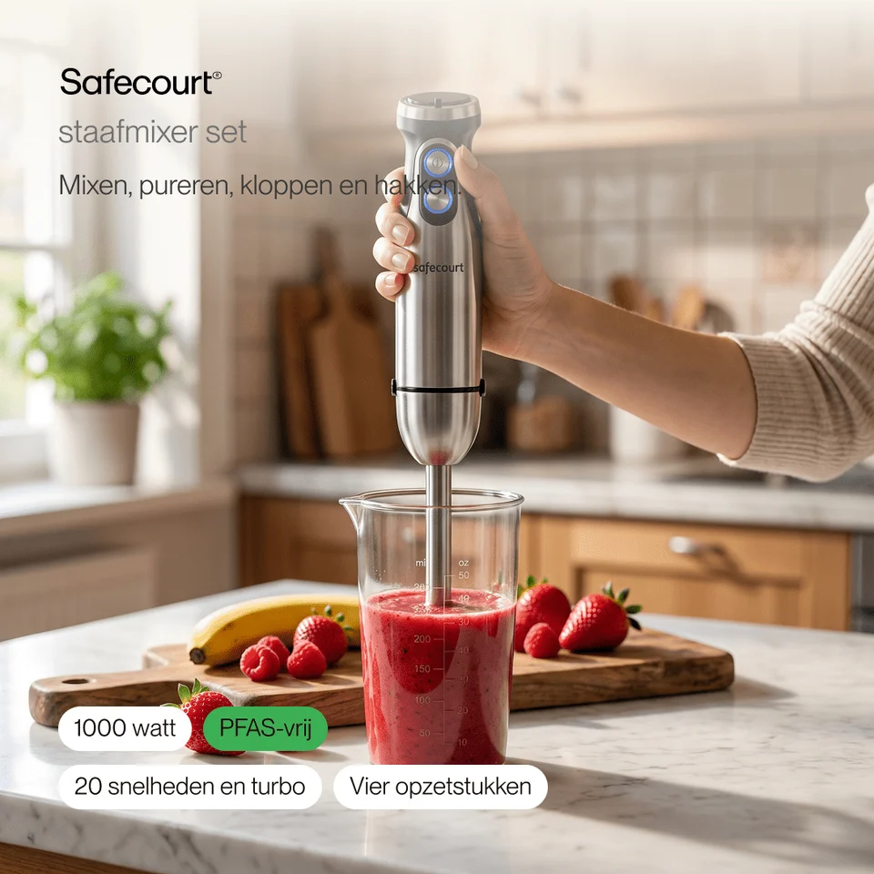A hand holds a silver immersion blender over a glass of red smoothie, with fruit and a cutting board nearby.