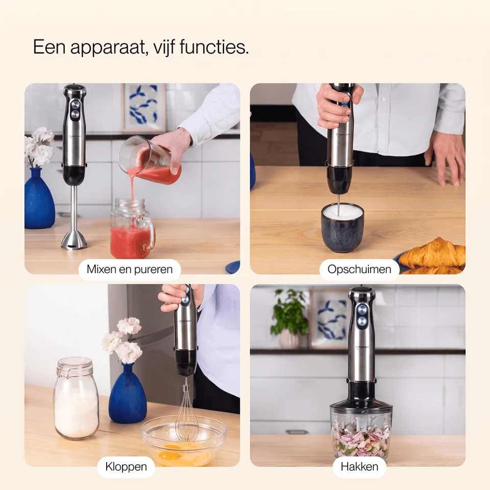Four images show a hand blender's functions: blending, frothing, whisking, and chopping.