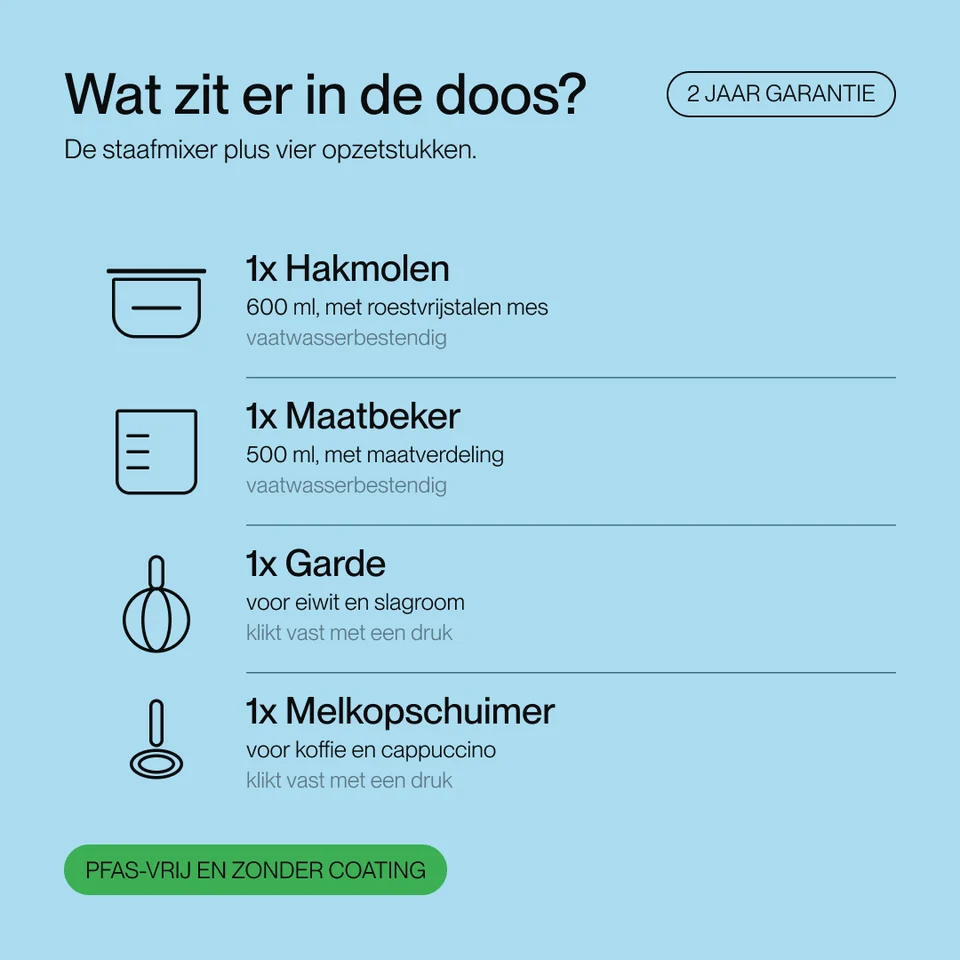 Blue infographic listing box contents: chopper, measuring cup, whisk, and milk frother.