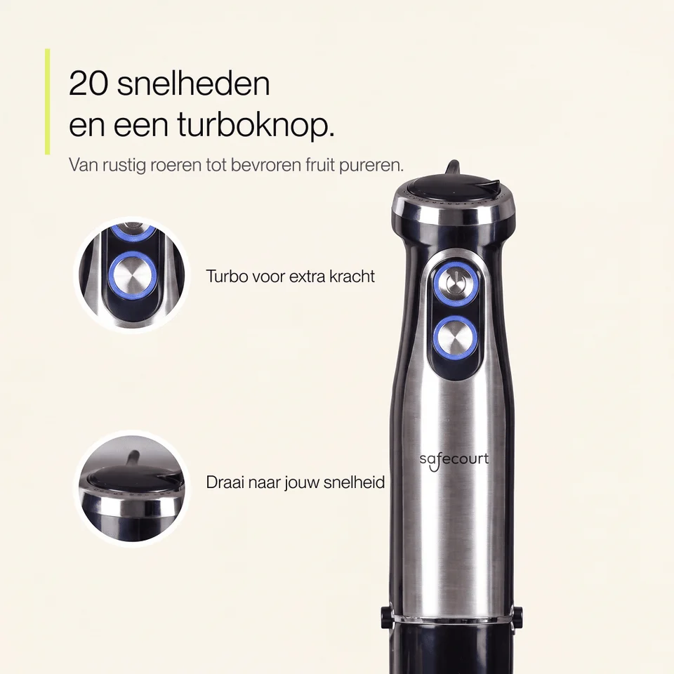 Hand blender with 20 speeds and turbo button, with close-ups showing controls and dial.