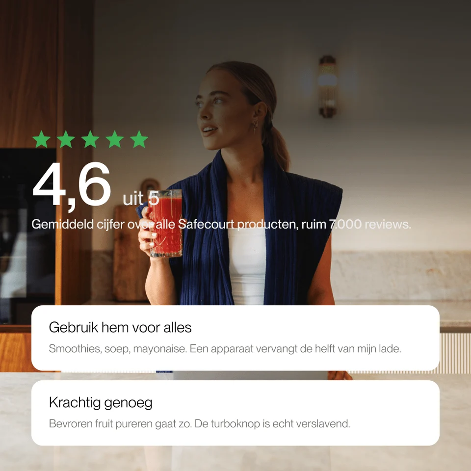 A woman in a kitchen holds a glass of juice with product reviews and text overlay.