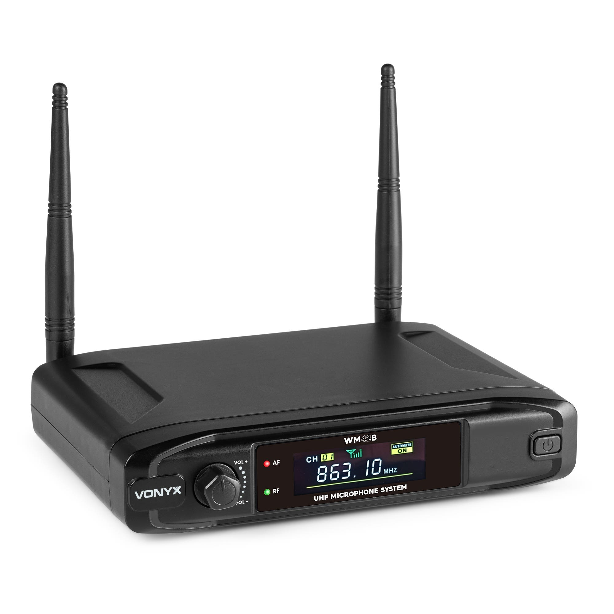 Sistema de micrófono UHF Vonyx negro con dos antenas, control de volumen, pantalla y botón de encendido.