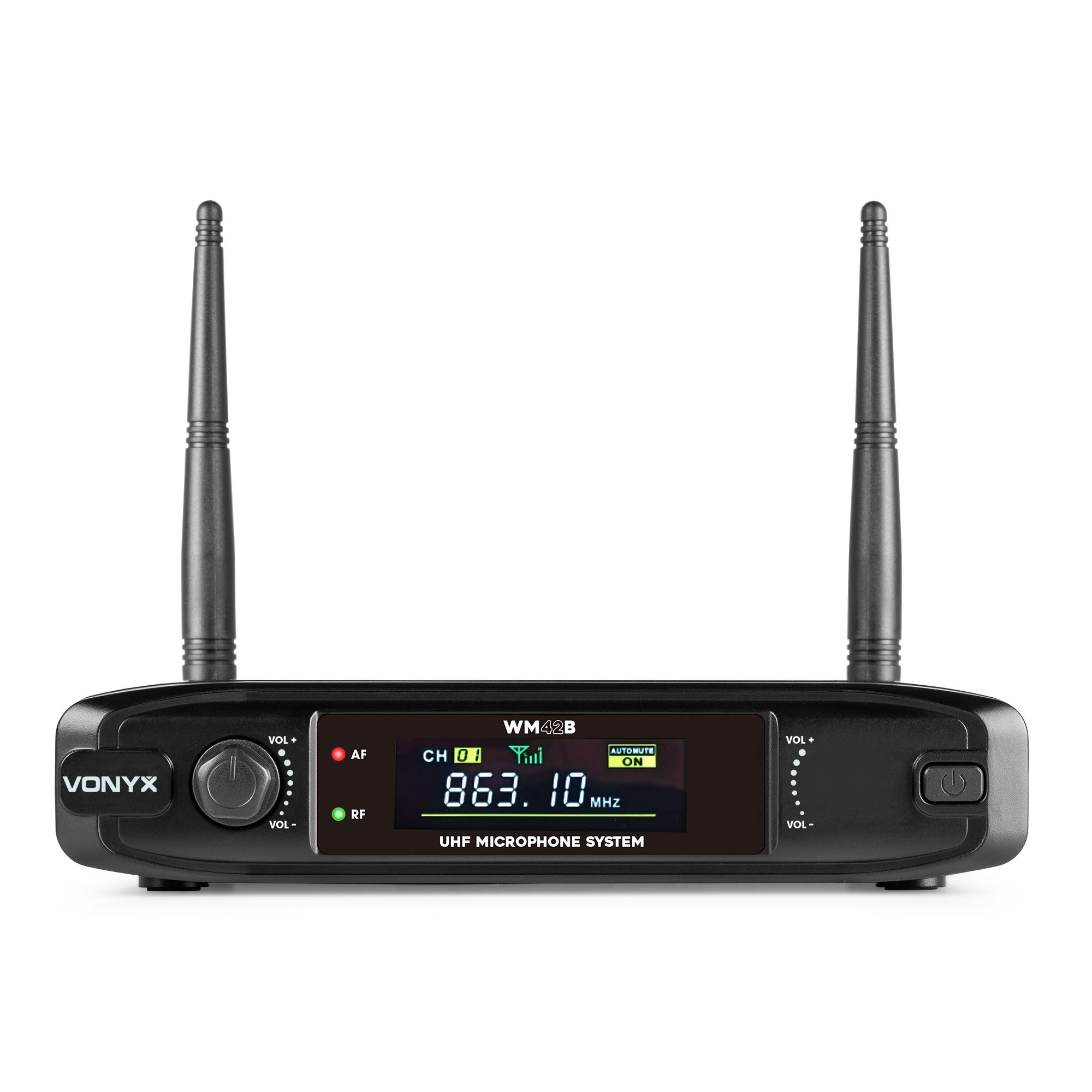 Sistema de micrófono UHF Vonyx negro con dos antenas y pantalla digital.