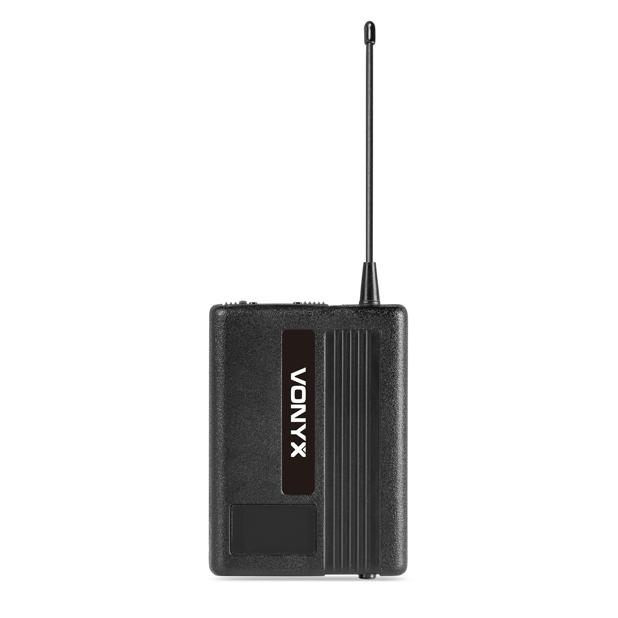 Transmisor de petaca Vonyx negro con antena sobre fondo blanco.