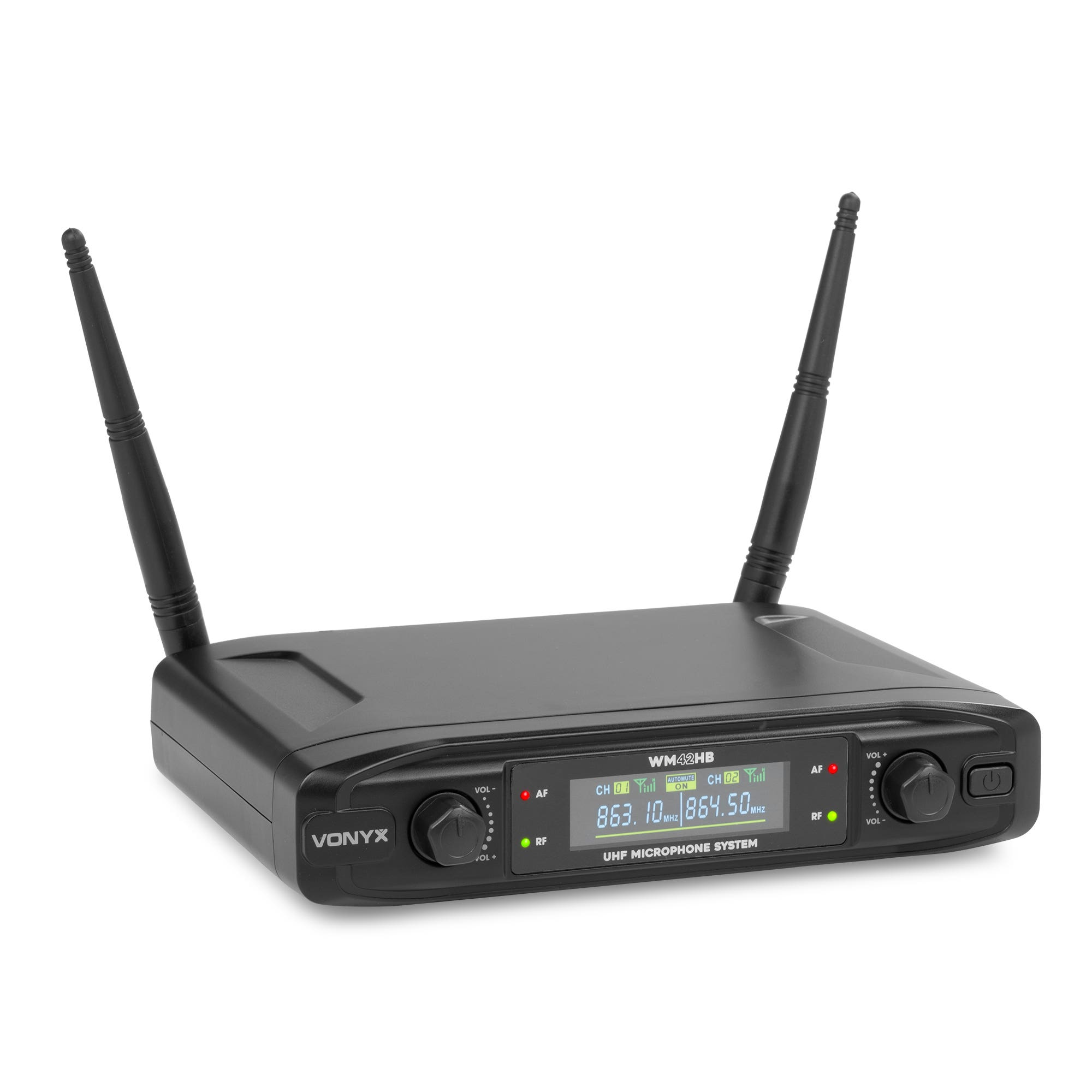 Sistema de micrófono UHF Vonyx negro con dos antenas y pantalla digital sobre fondo blanco.