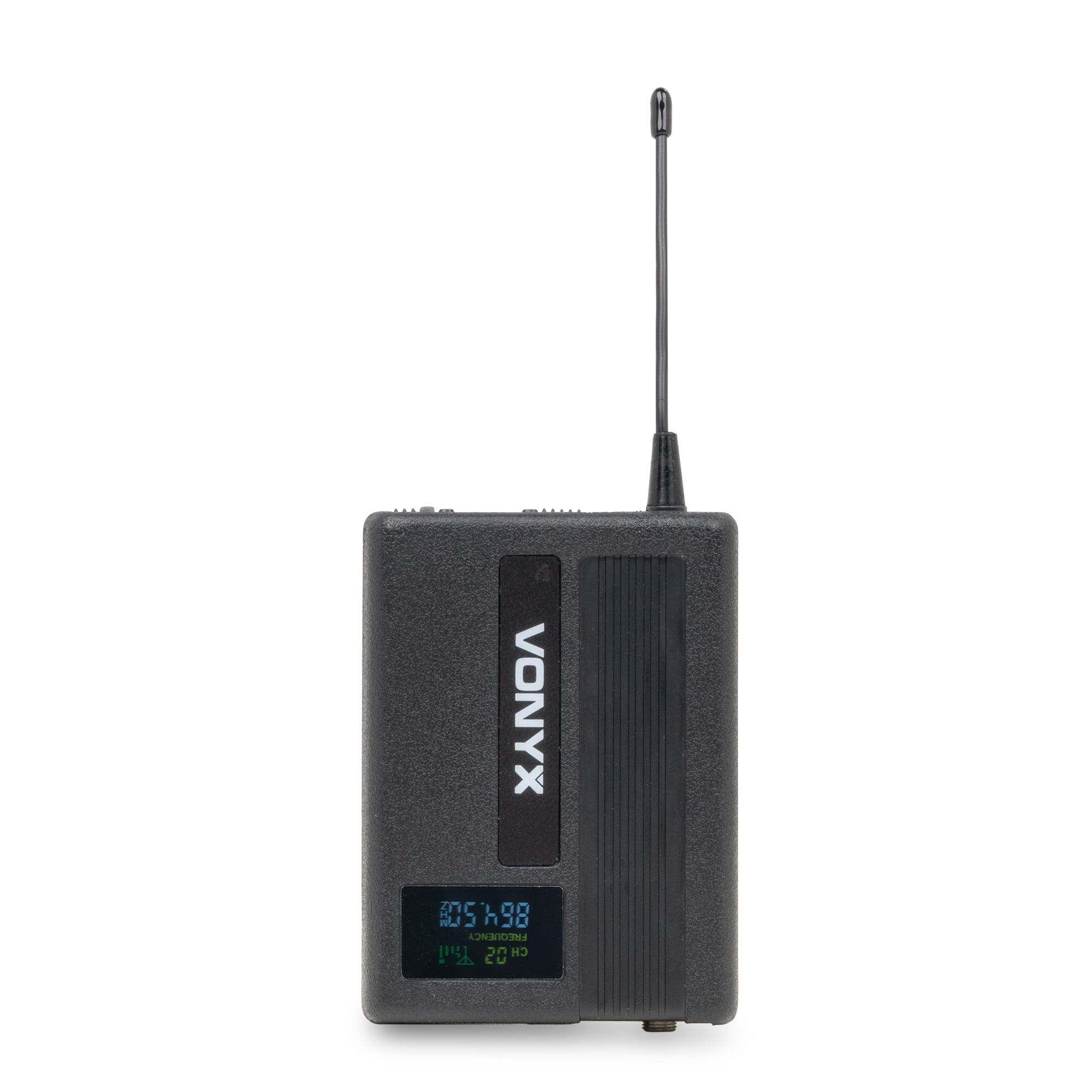 Un transmisor de petaca Vonyx negro con pantalla y antena vertical sobre fondo blanco.