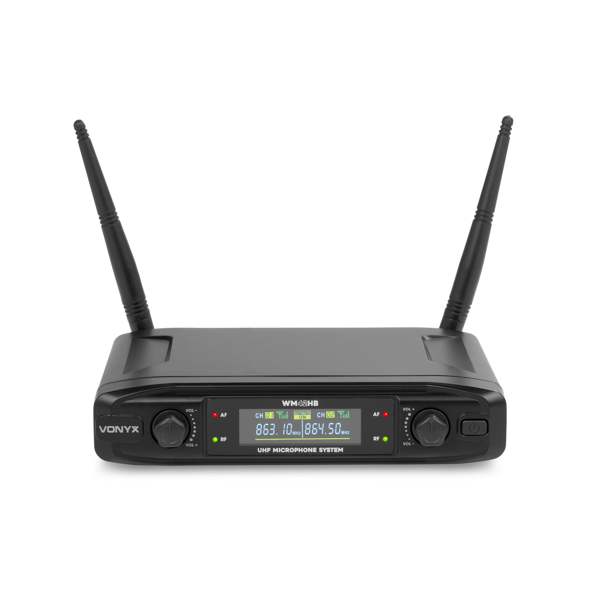 Receptor de sistema de micrófono UHF Vonyx negro con dos antenas y pantalla LCD sobre fondo blanco.