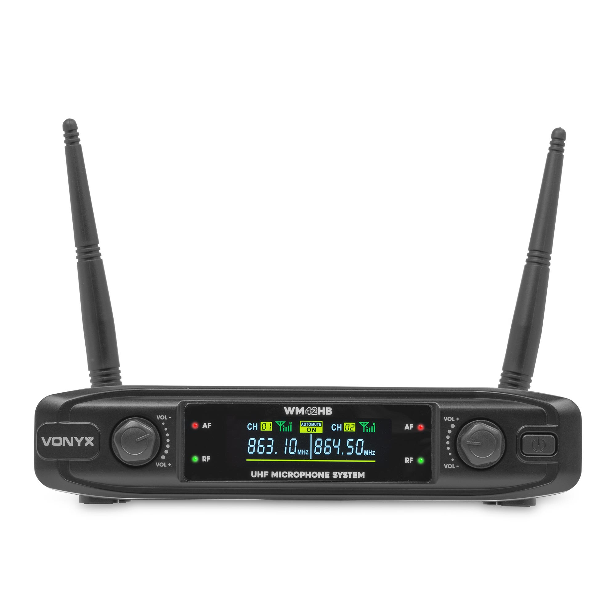 Receptor de micrófono UHF Vonyx negro con dos antenas y pantalla digital.