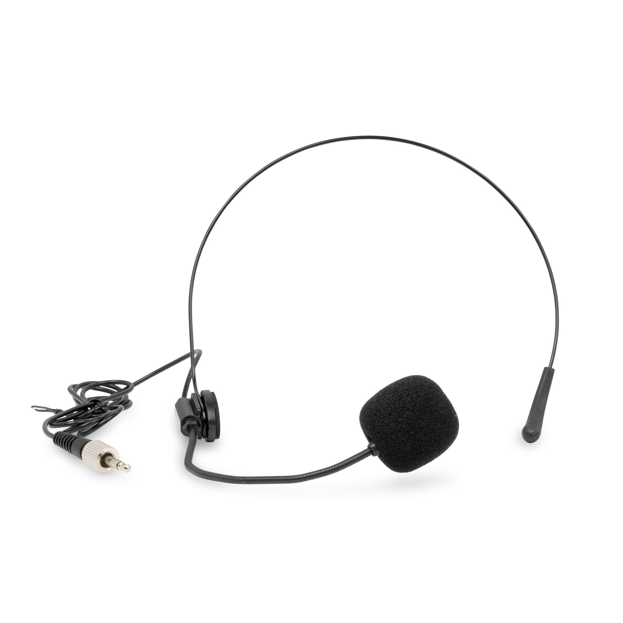 Micrófono de diadema negro con pantalla antiviento de espuma y conector de audio sobre fondo blanco.