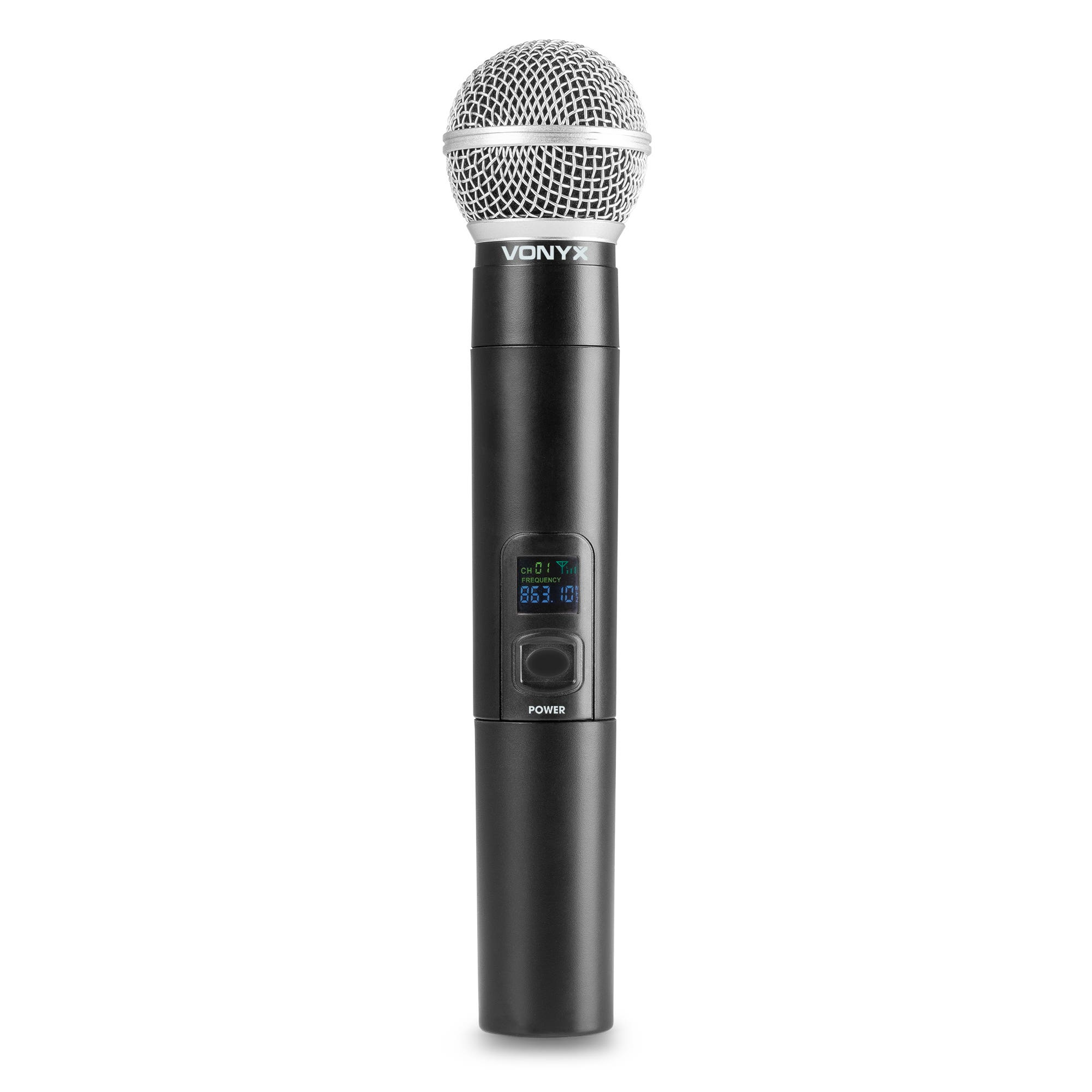 Un micrófono inalámbrico negro con rejilla plateada, pantalla digital y logotipo de Vonyx, sobre fondo blanco.
