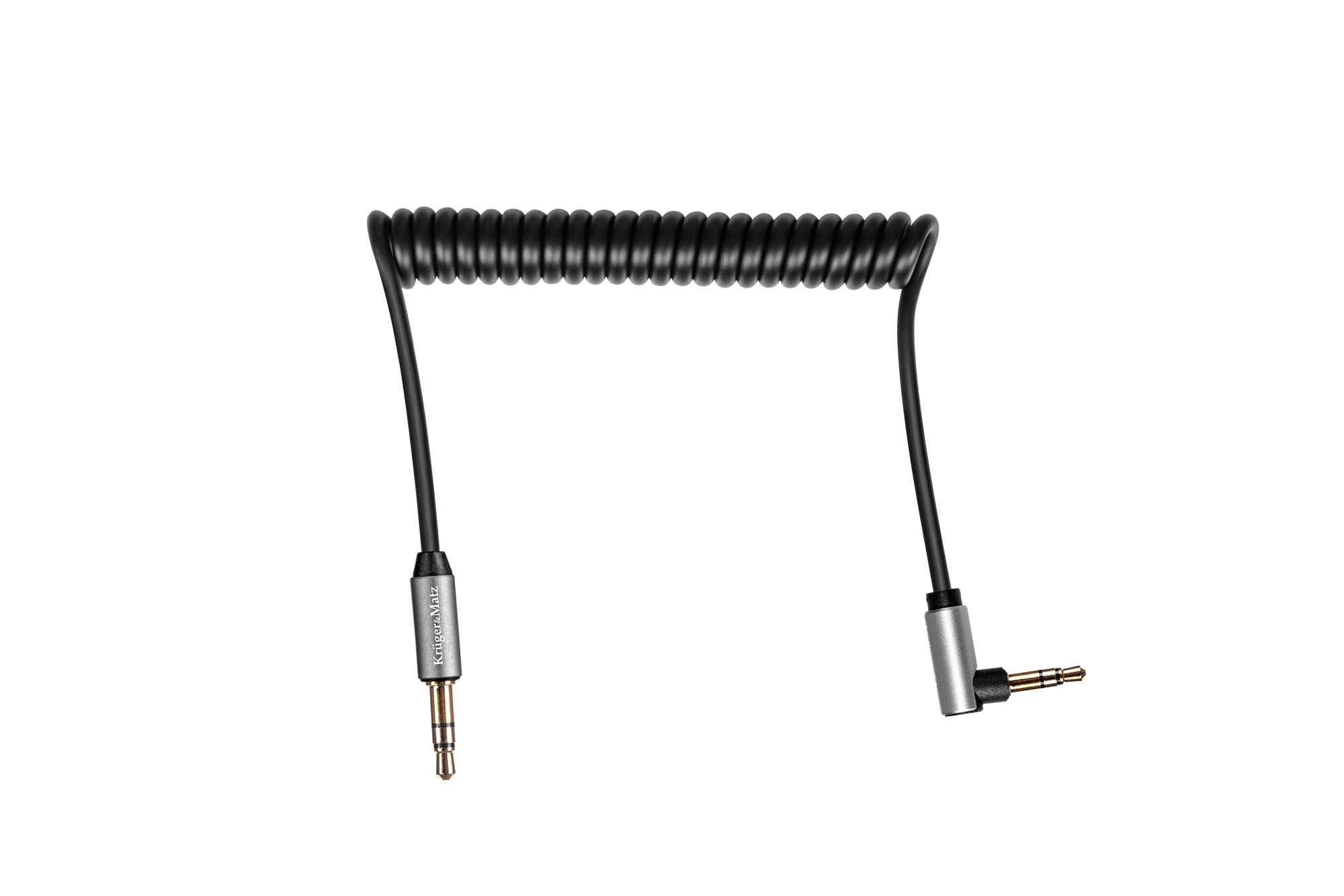 Czarny kabel audio w kształcie spirali z dwoma wtyczkami jack na czarnym tle.